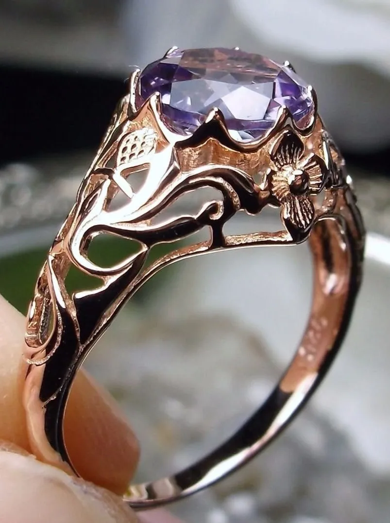 Natural Amethyst Ring, Rose Gold plated Daisy Victorian Jewelry #D66