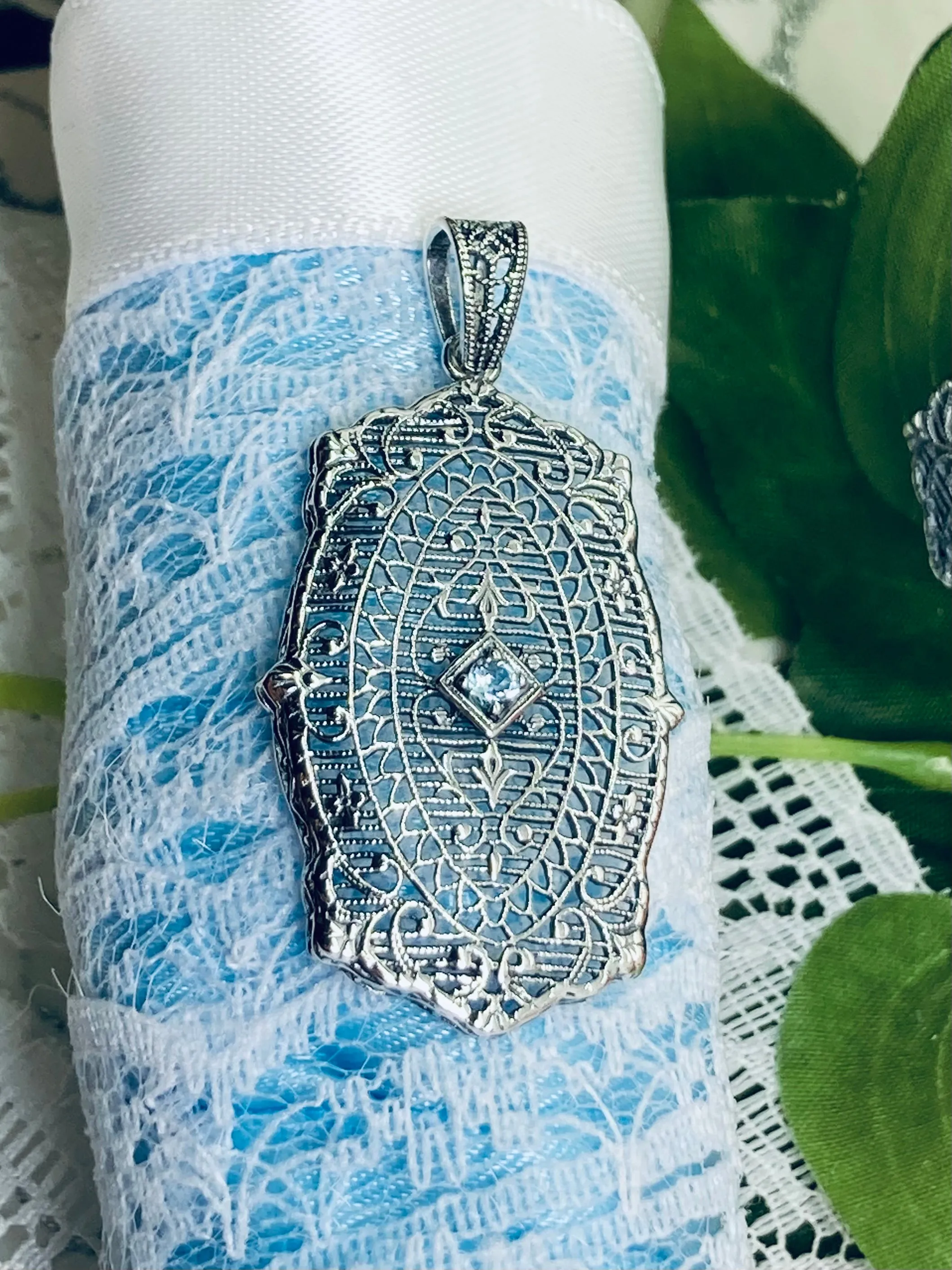 Natural Aquamarine Pendant, Rococo Inspired Vintage Revival Jewelry #P358