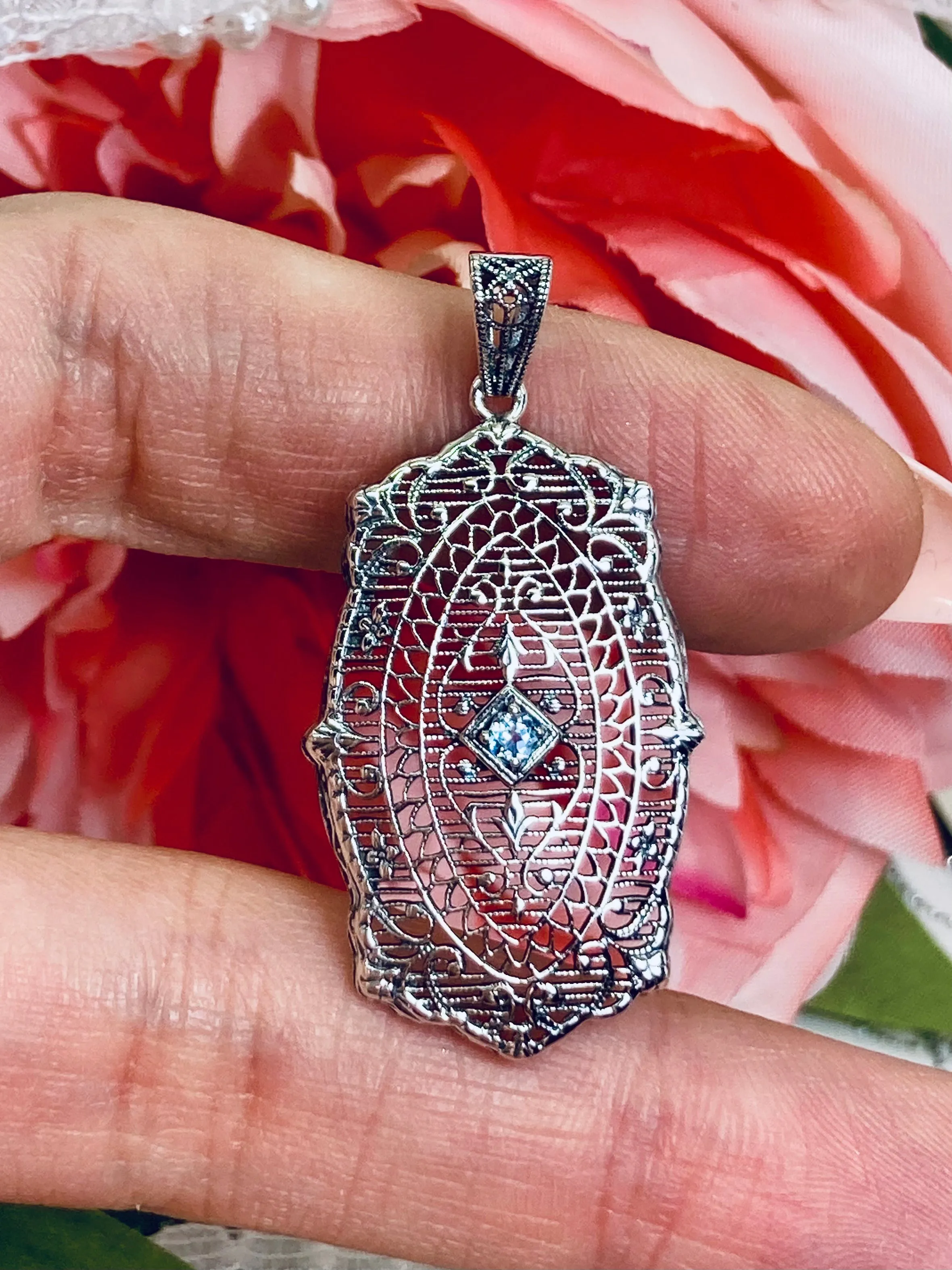 Natural Aquamarine Pendant, Rococo Inspired Vintage Revival Jewelry #P358