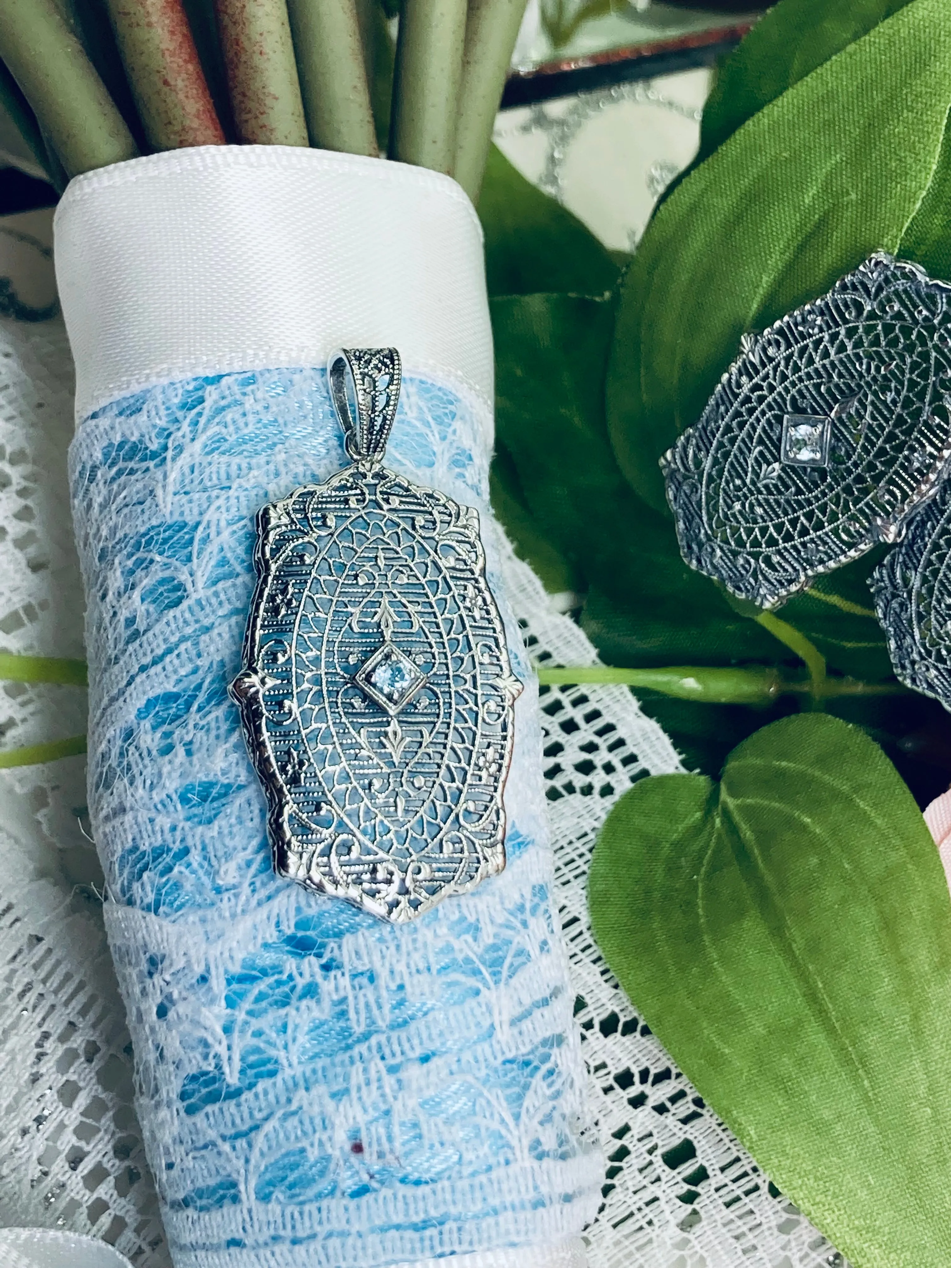 Natural Aquamarine Pendant, Rococo Inspired Vintage Revival Jewelry #P358