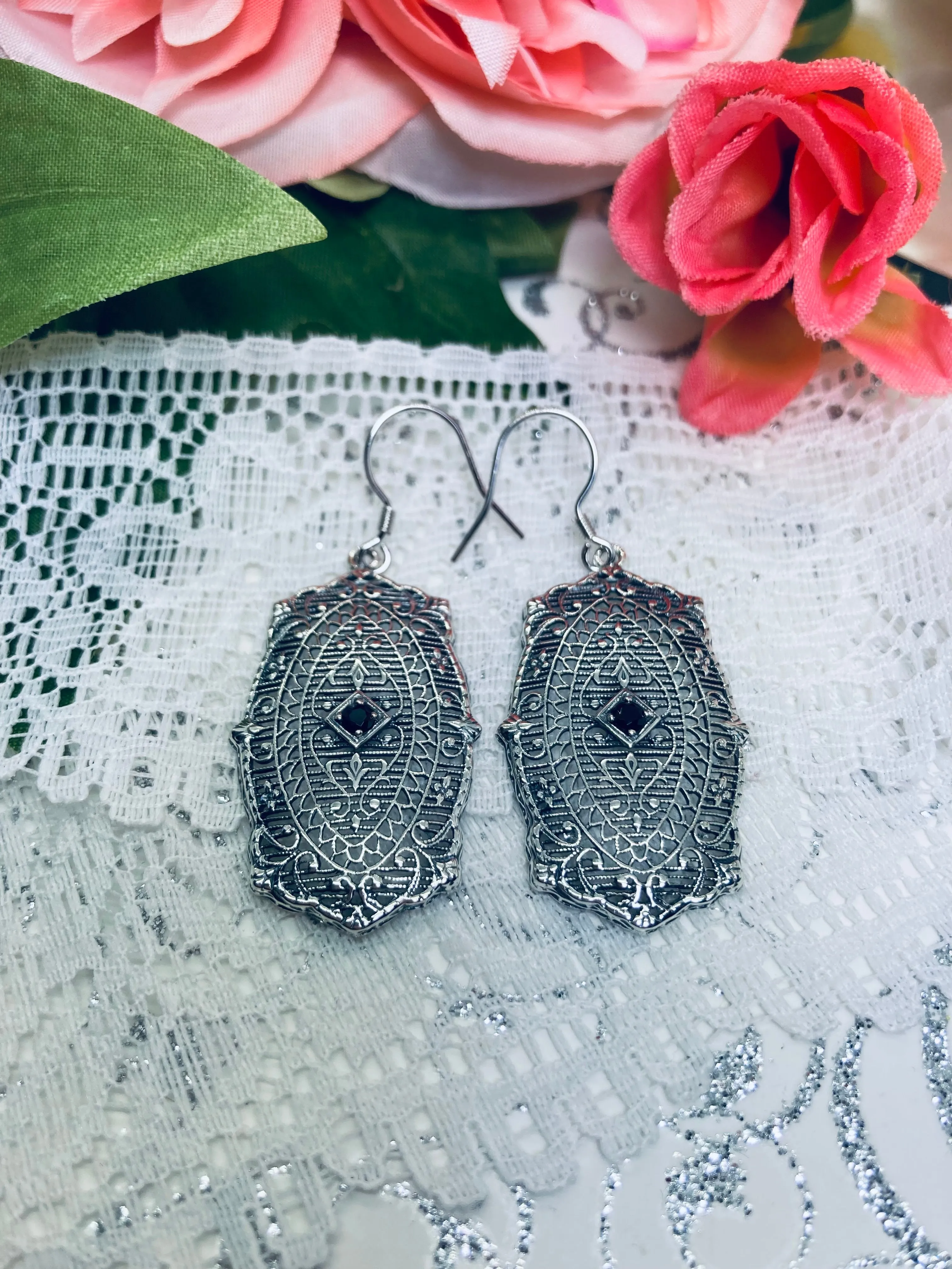 Natural Blue Sapphire Earrings, Rococo Inspired Vintage Revival Jewelry #E358