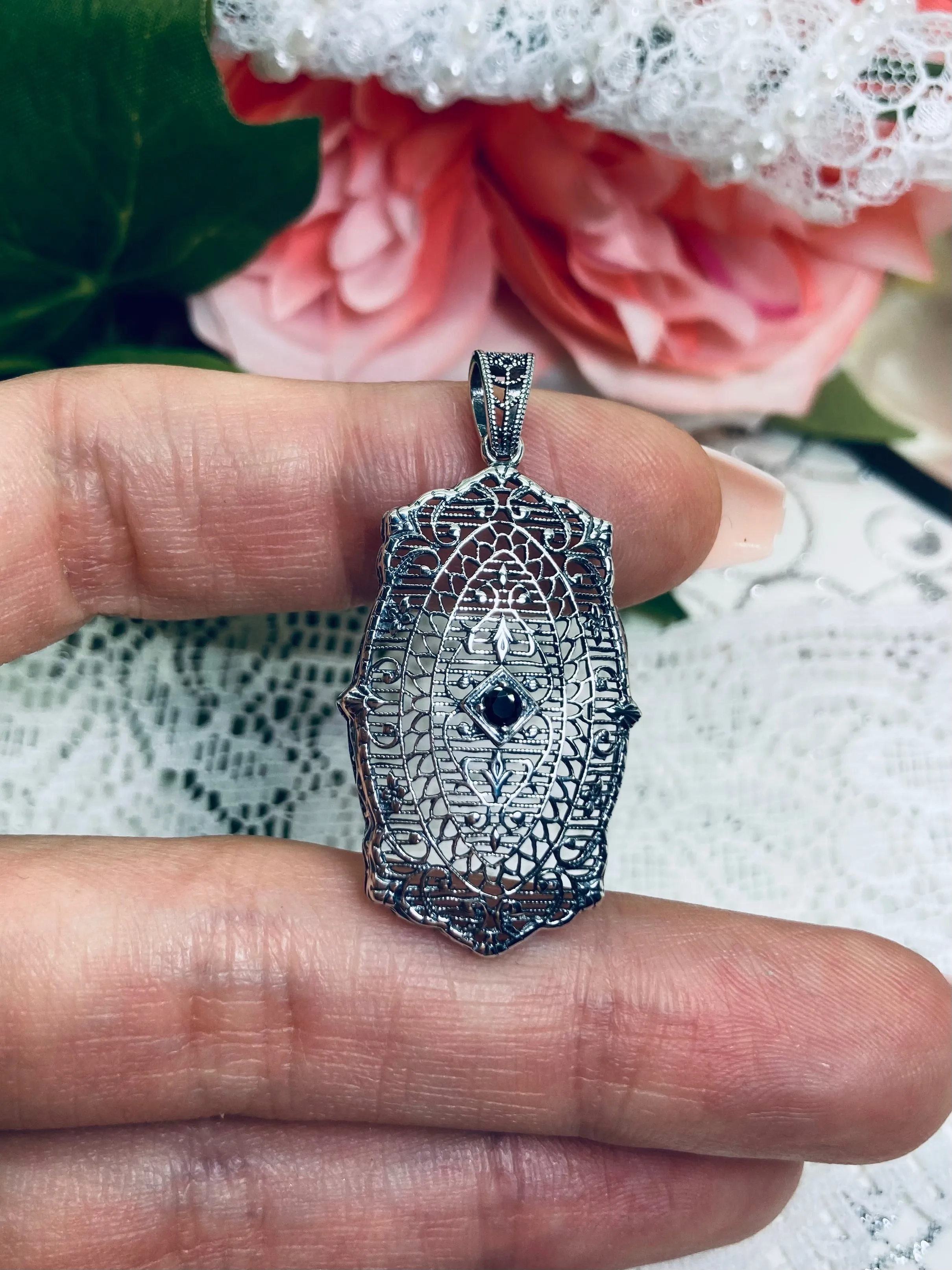 Natural Blue Sapphire Pendant, Rococo Inspired Vintage Revival Jewelry #P358
