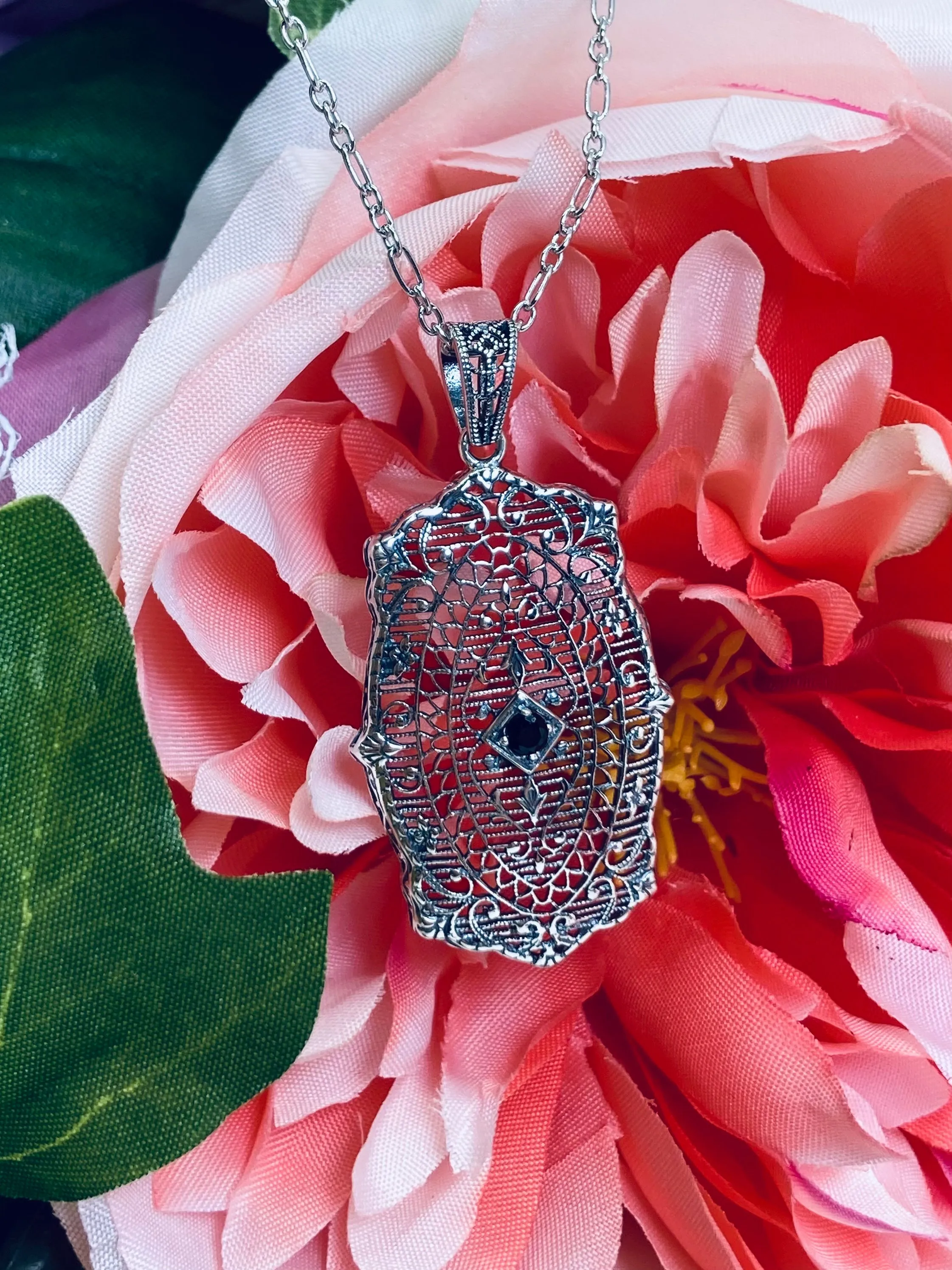 Natural Blue Sapphire Pendant, Rococo Inspired Vintage Revival Jewelry #P358