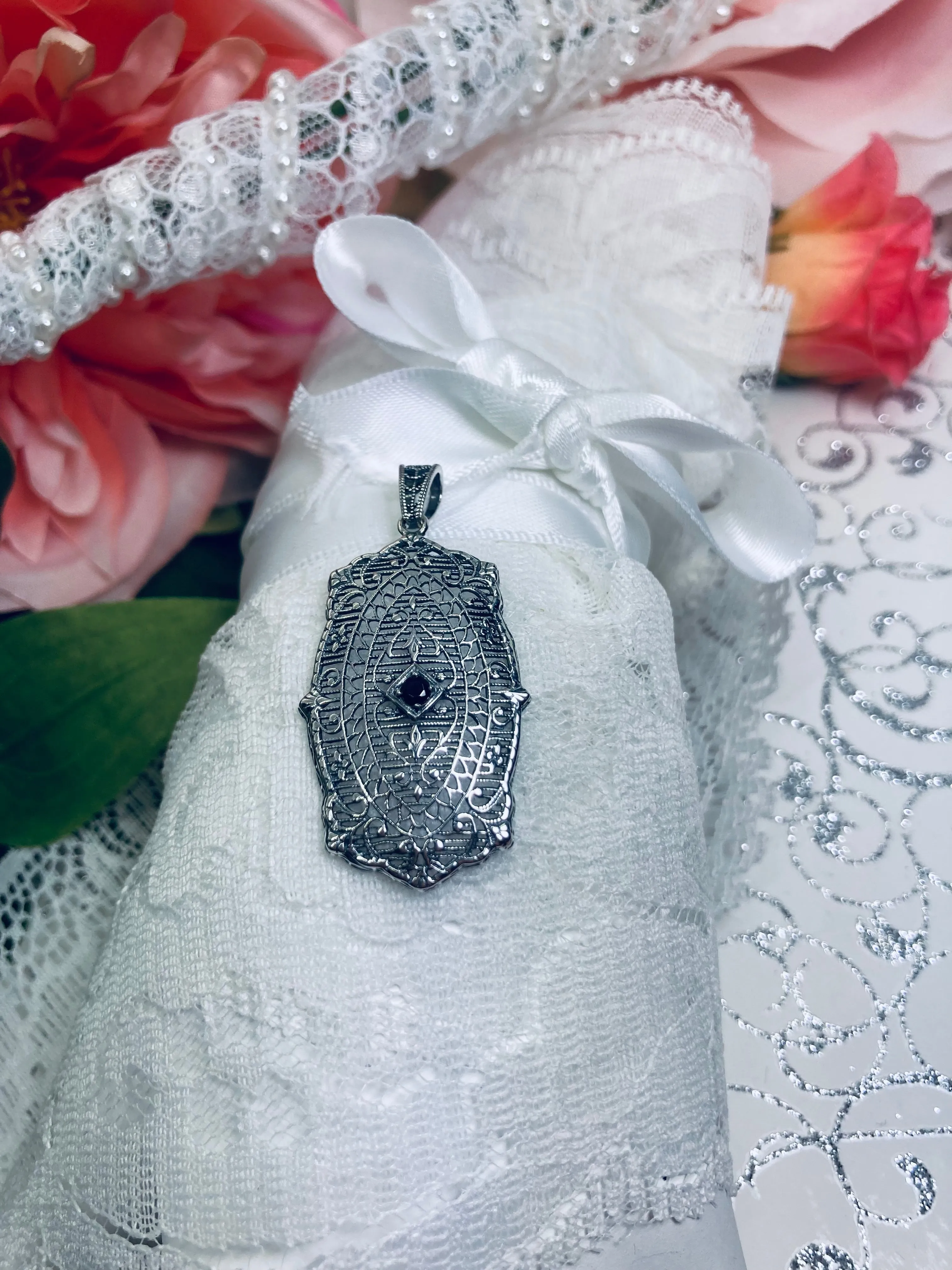 Natural Blue Sapphire Pendant, Rococo Inspired Vintage Revival Jewelry #P358