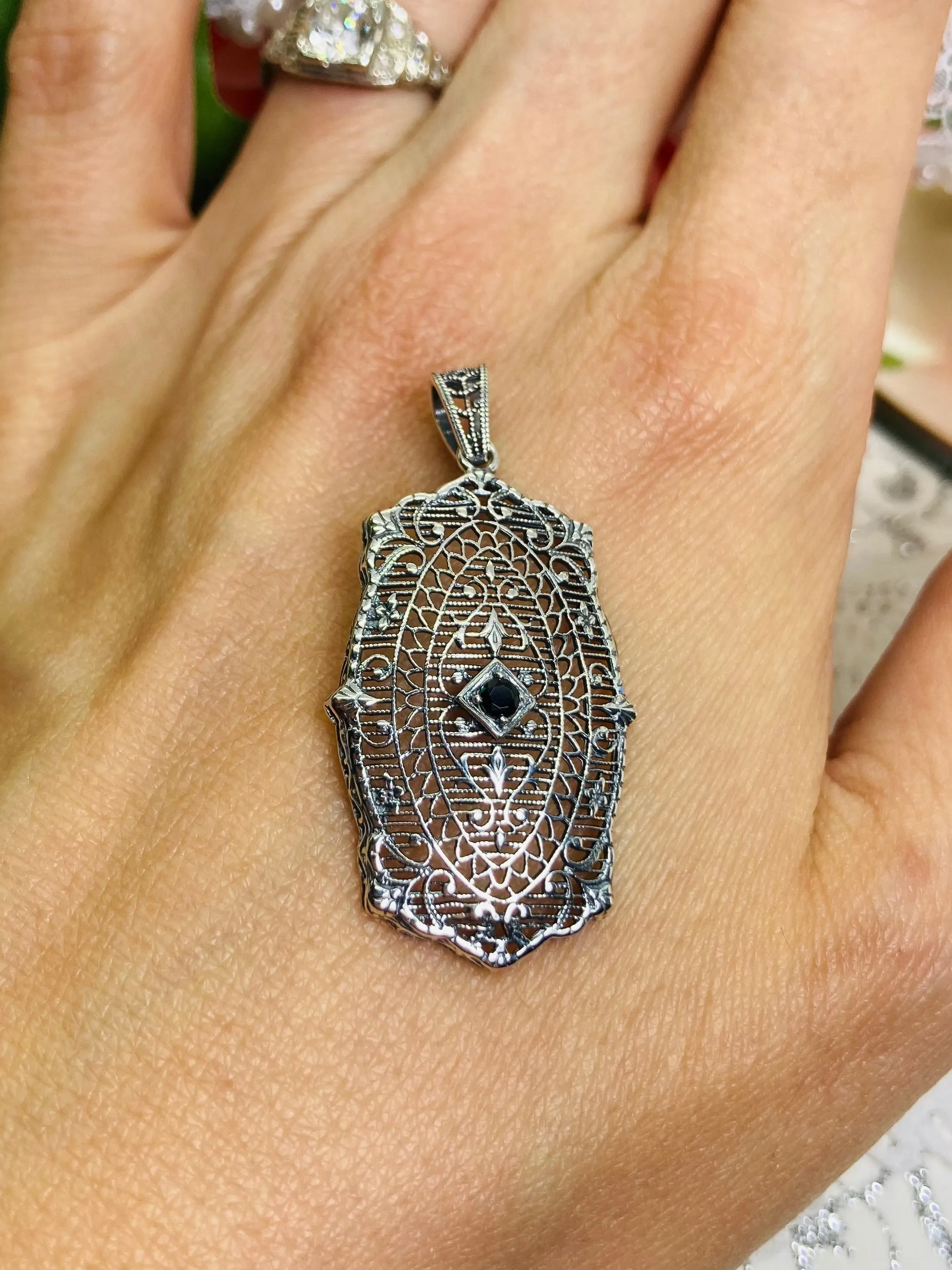 Natural Blue Sapphire Pendant, Rococo Inspired Vintage Revival Jewelry #P358