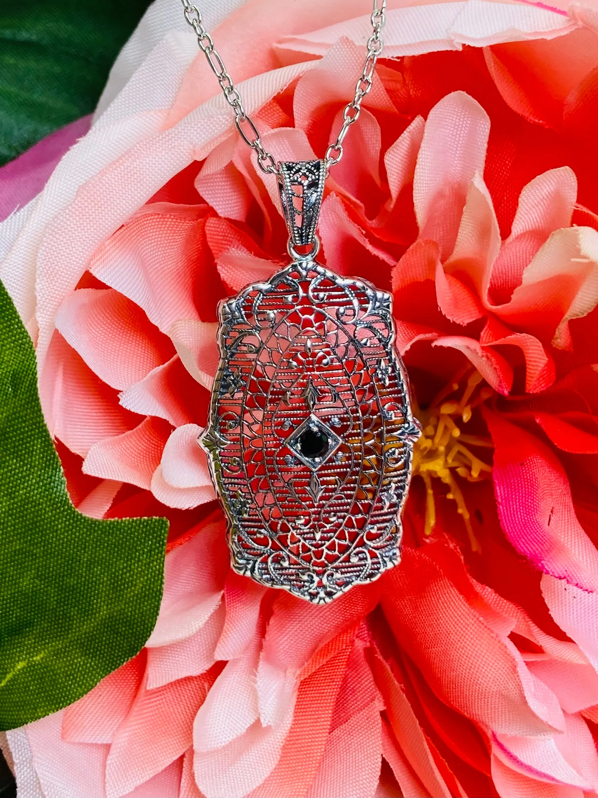 Natural Blue Sapphire Pendant, Rococo Inspired Vintage Revival Jewelry #P358