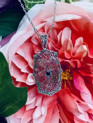 Natural Blue Sapphire Pendant, Rococo Inspired Vintage Revival Jewelry #P358