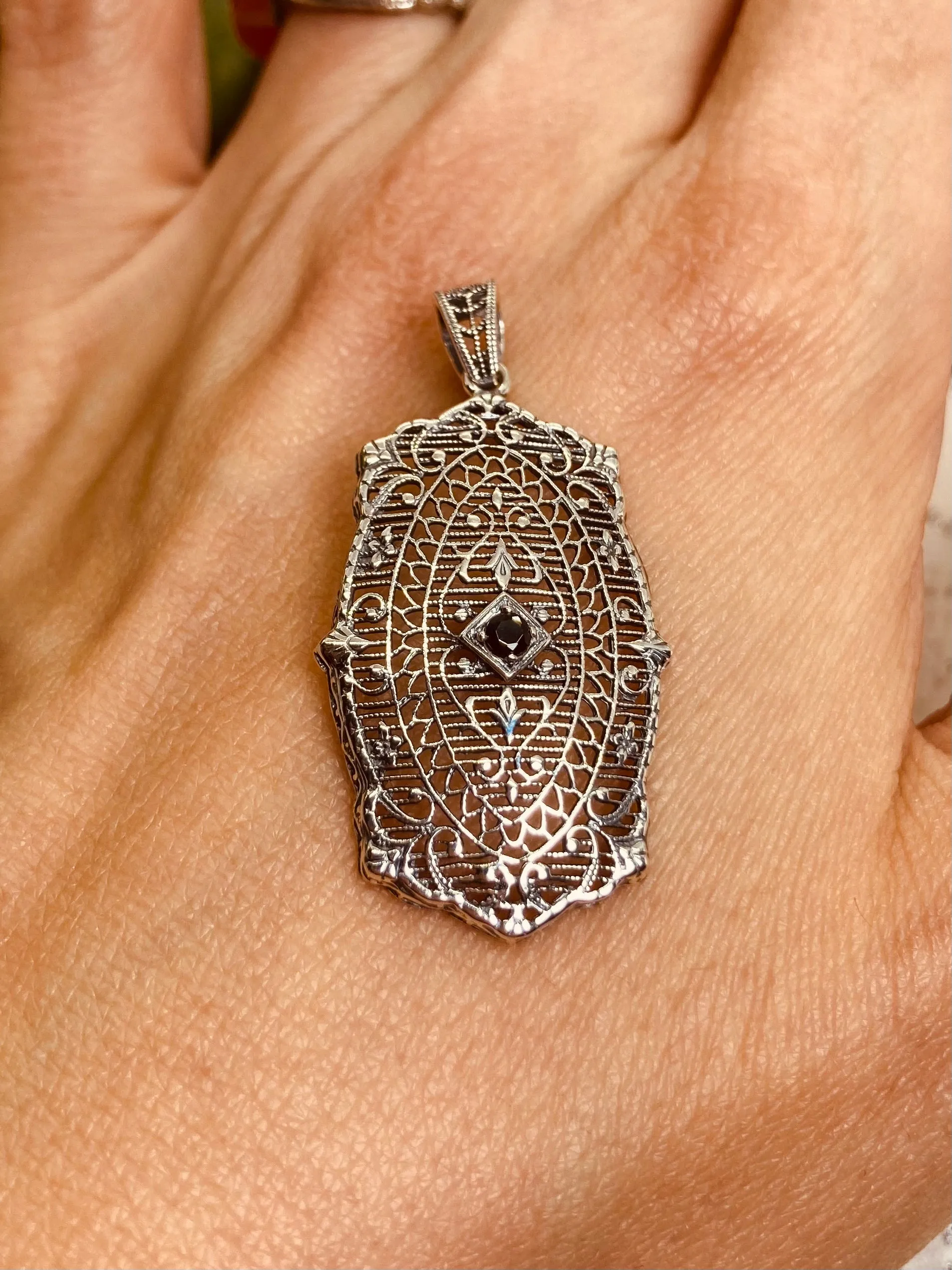 Natural Blue Sapphire Pendant, Rococo Inspired Vintage Revival Jewelry #P358
