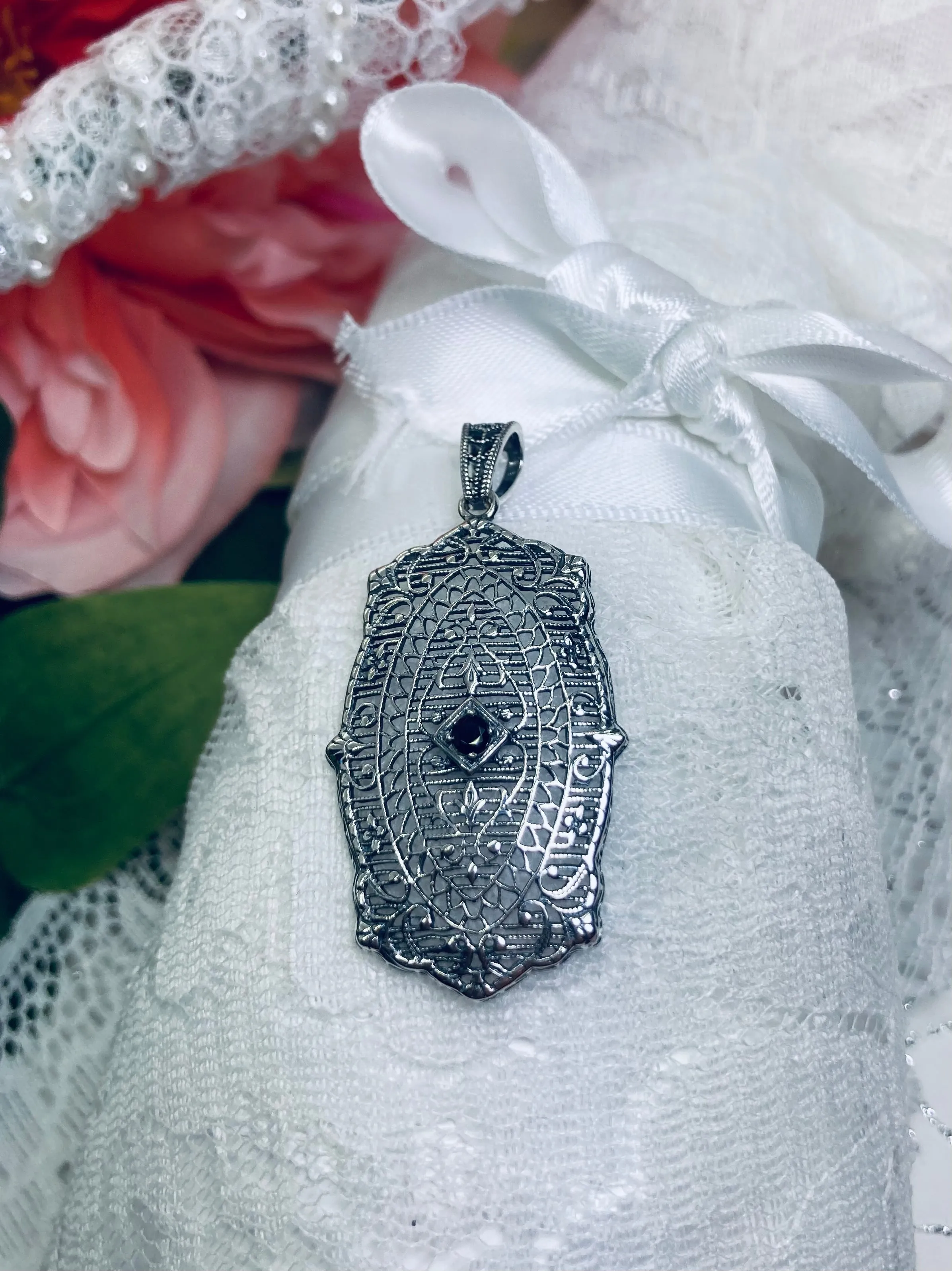 Natural Blue Sapphire Pendant, Rococo Inspired Vintage Revival Jewelry #P358