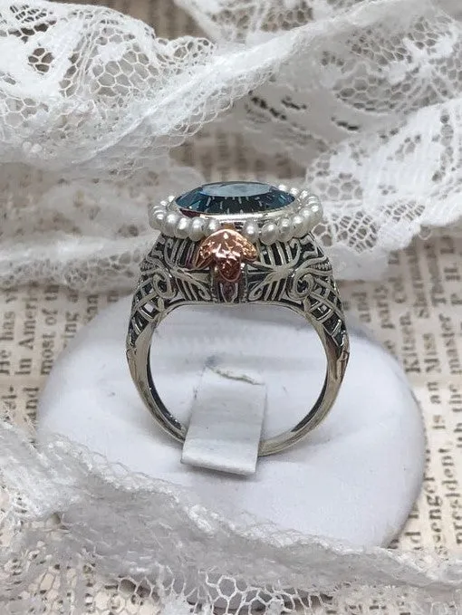 Natural Blue Topaz & Seed Pearl Ring, Size 9, Victorian Filigree Jewelry #D238 - Ready to Ship