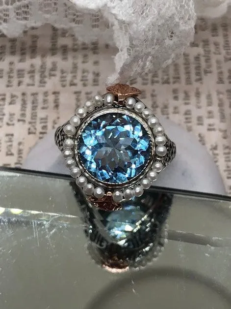 Natural Blue Topaz & Seed Pearl Ring, Size 9, Victorian Filigree Jewelry #D238 - Ready to Ship