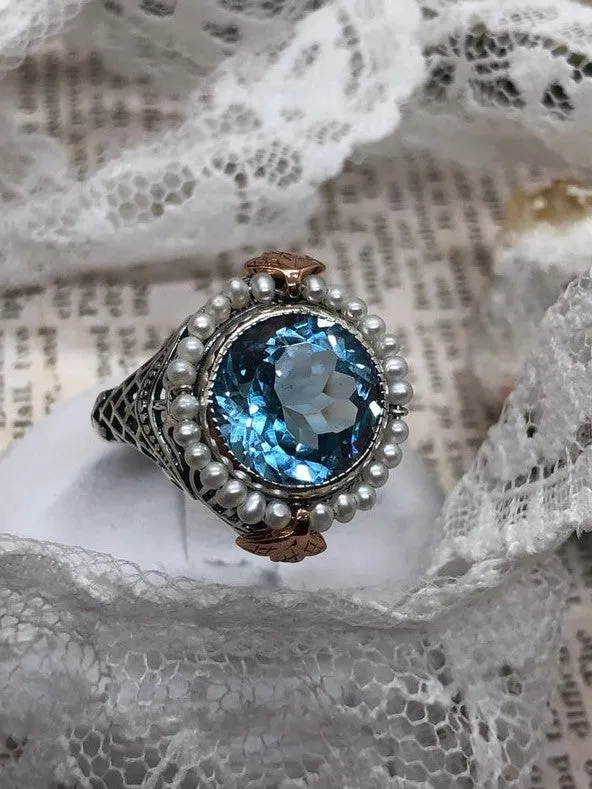 Natural Blue Topaz & Seed Pearl Ring, Size 9, Victorian Filigree Jewelry #D238 - Ready to Ship
