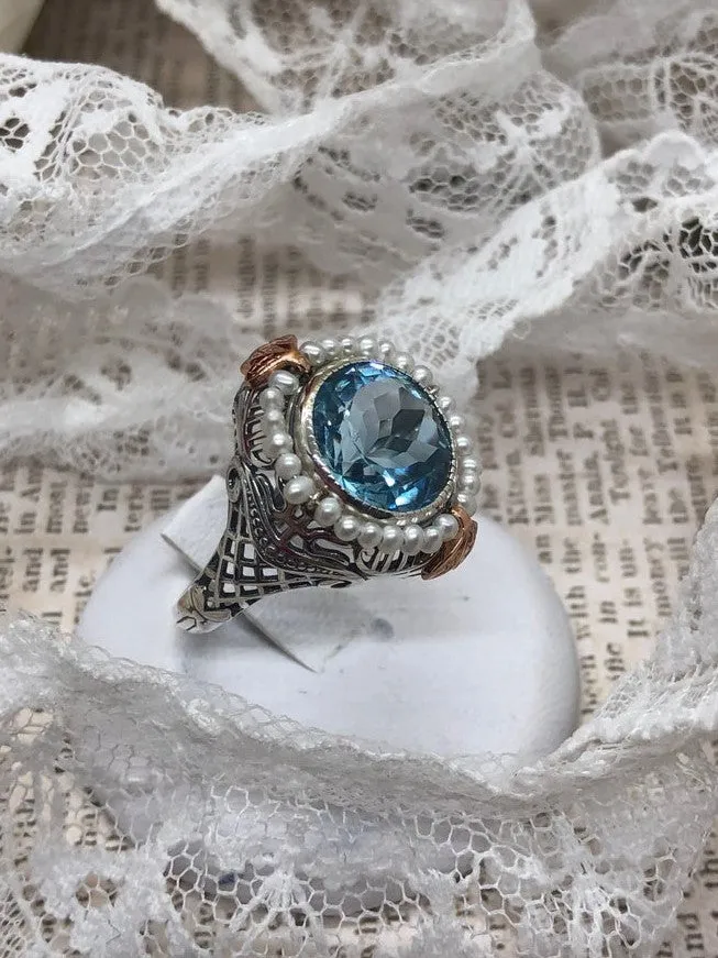 Natural Blue Topaz & Seed Pearl Ring, Size 9, Victorian Filigree Jewelry #D238 - Ready to Ship