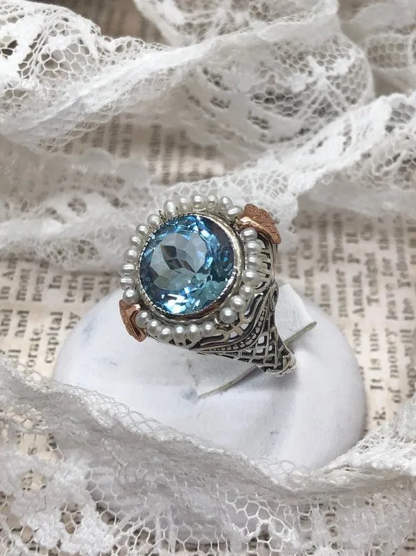 Natural Blue Topaz & Seed Pearl Ring, Size 9, Victorian Filigree Jewelry #D238 - Ready to Ship