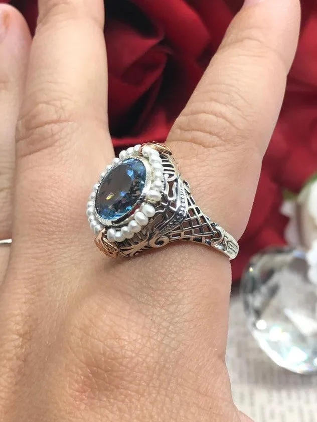 Natural Blue Topaz & Seed Pearl Ring, Size 9, Victorian Filigree Jewelry #D238 - Ready to Ship