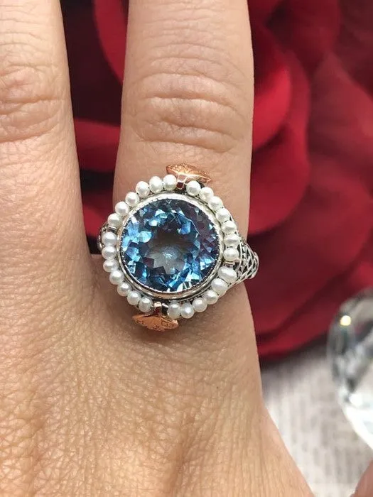 Natural Blue Topaz & Seed Pearl Ring, Size 9, Victorian Filigree Jewelry #D238 - Ready to Ship