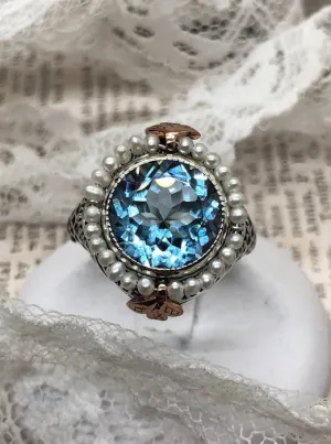Natural Blue Topaz & Seed Pearl Ring, Size 9, Victorian Filigree Jewelry #D238 - Ready to Ship
