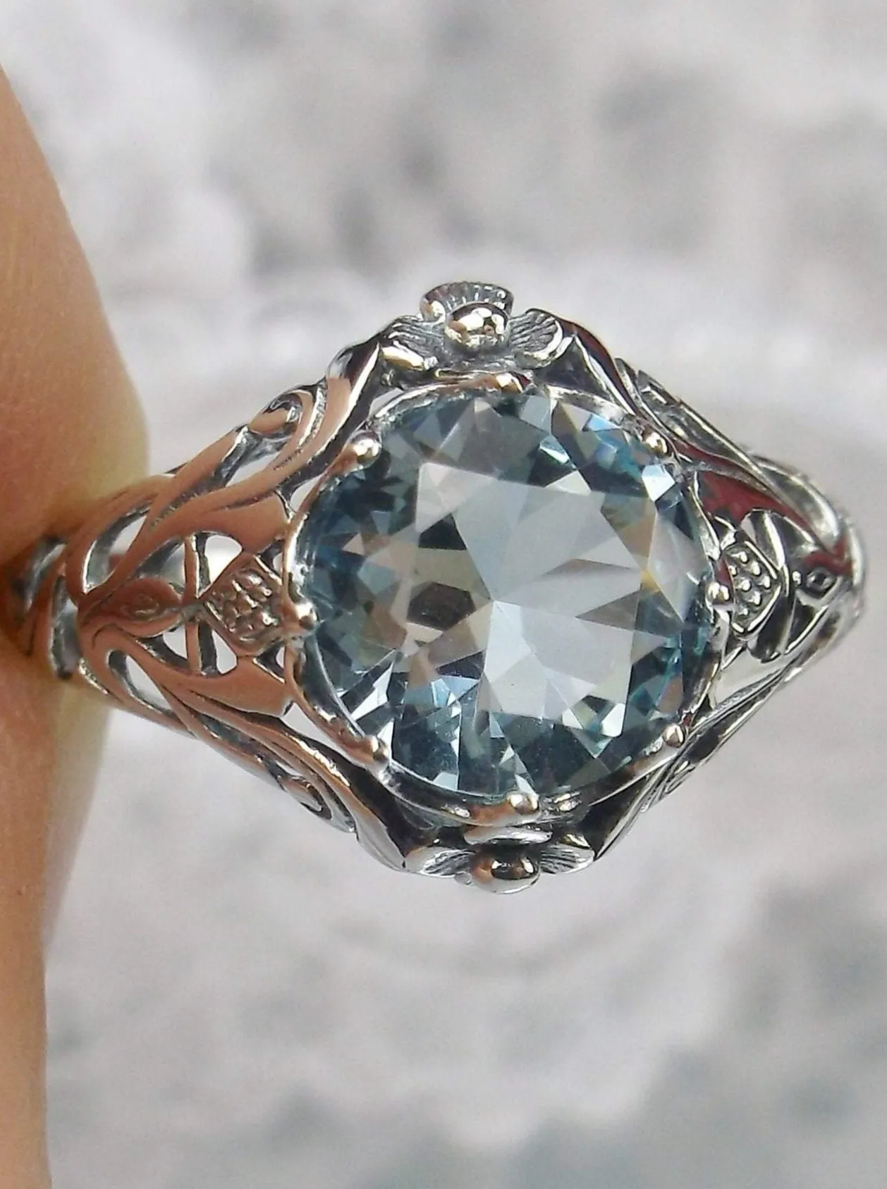 Natural Blue Topaz Ring, Daisy Filigree Victorian Jewelry #D66