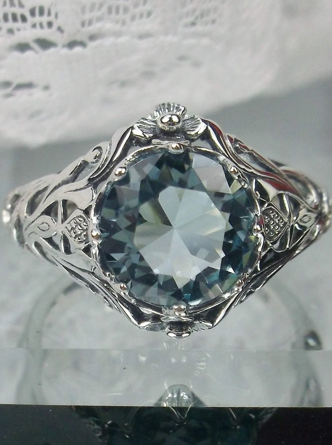 Natural Blue Topaz Ring, Daisy Filigree Victorian Jewelry #D66