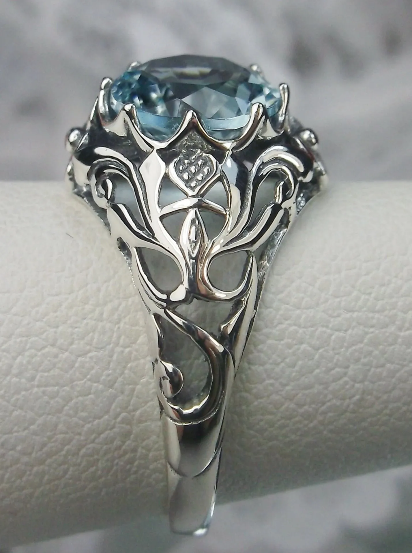 Natural Blue Topaz Ring, Daisy Filigree Victorian Jewelry #D66