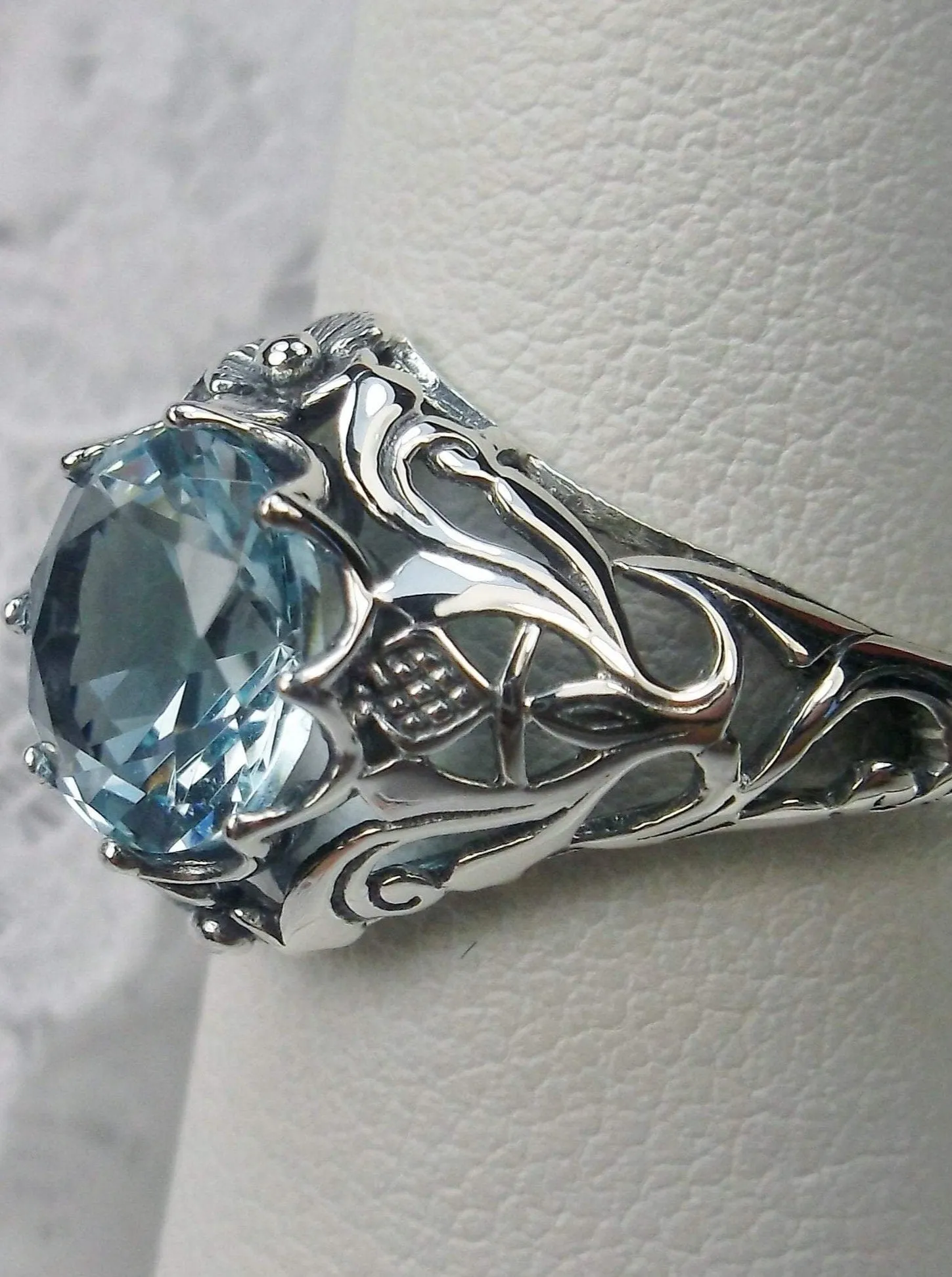 Natural Blue Topaz Ring, Daisy Filigree Victorian Jewelry #D66