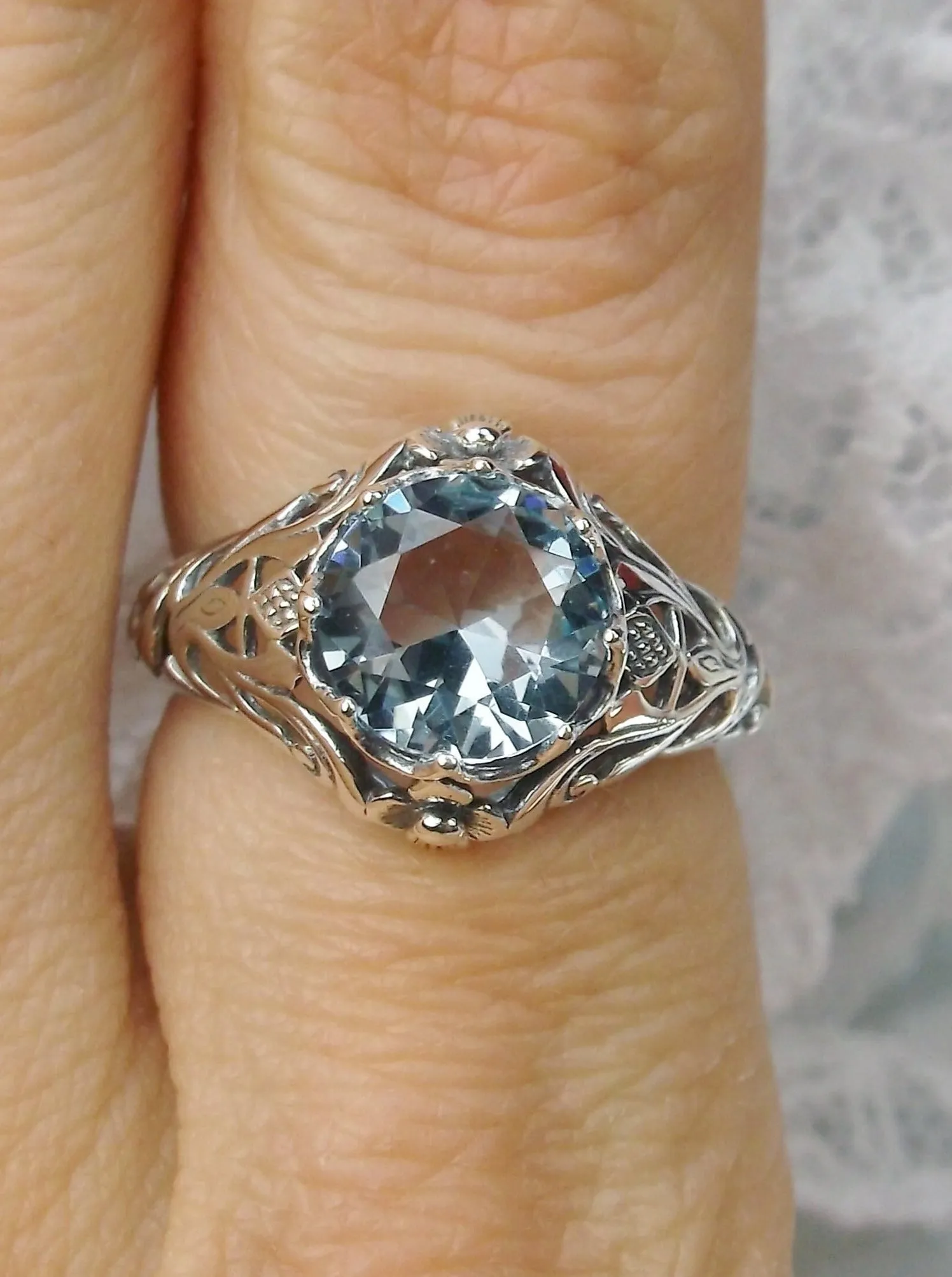 Natural Blue Topaz Ring, Daisy Filigree Victorian Jewelry #D66