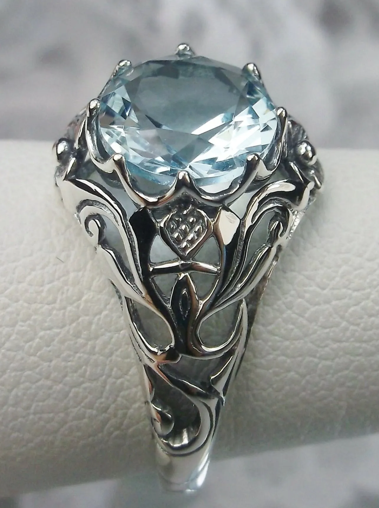Natural Blue Topaz Ring, Daisy Filigree Victorian Jewelry #D66
