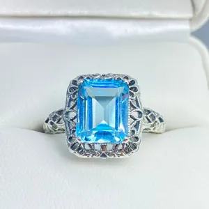Natural Blue Topaz Ring, Size 7.5, Vintage Filigree, Victorian Revival Jewelry, D150 - Ready to Ship