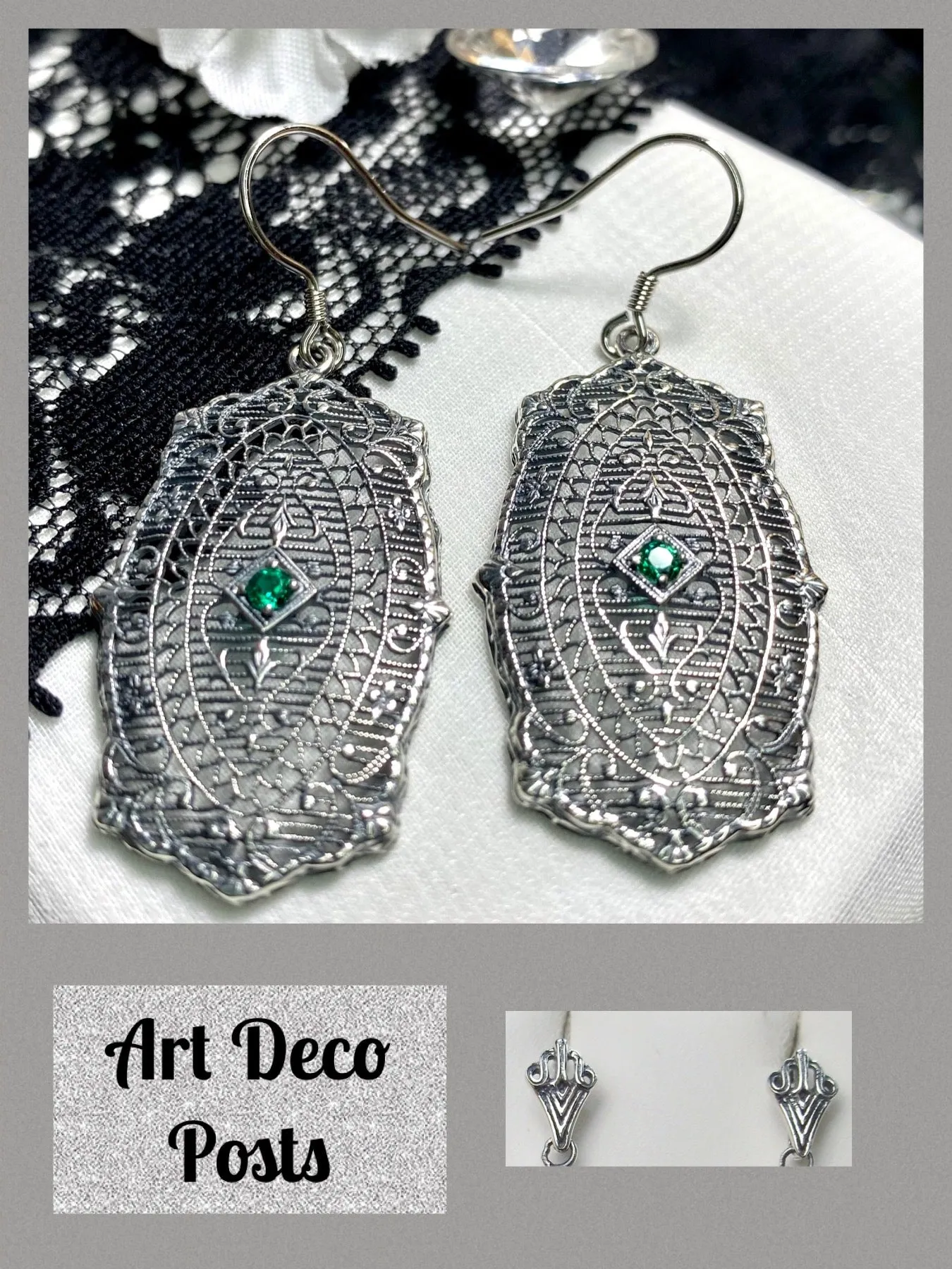 Natural Emerald Earrings, Rococo Inspired Vintage Revival Jewelry #E358