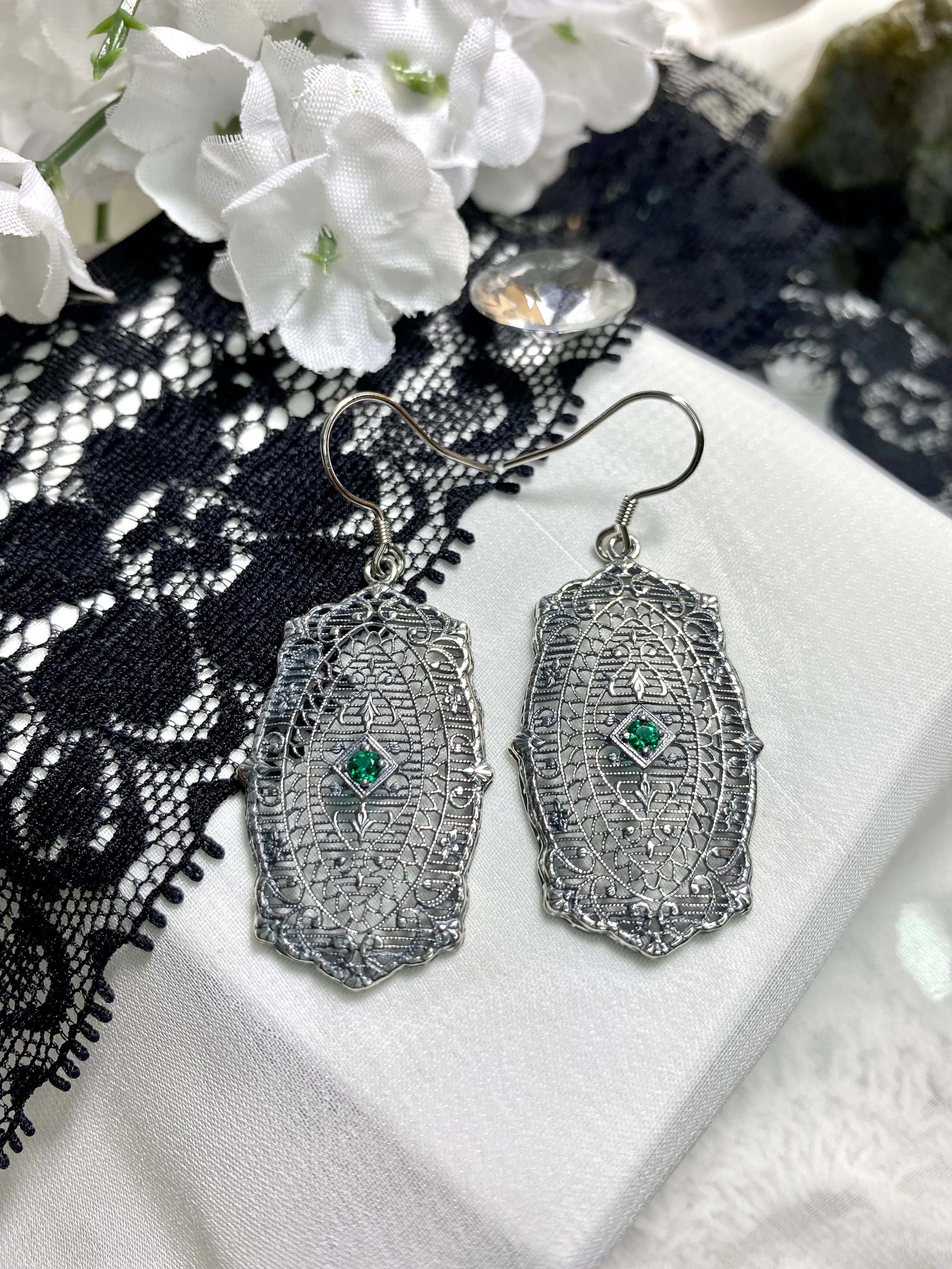 Natural Emerald Earrings, Rococo Inspired Vintage Revival Jewelry #E358