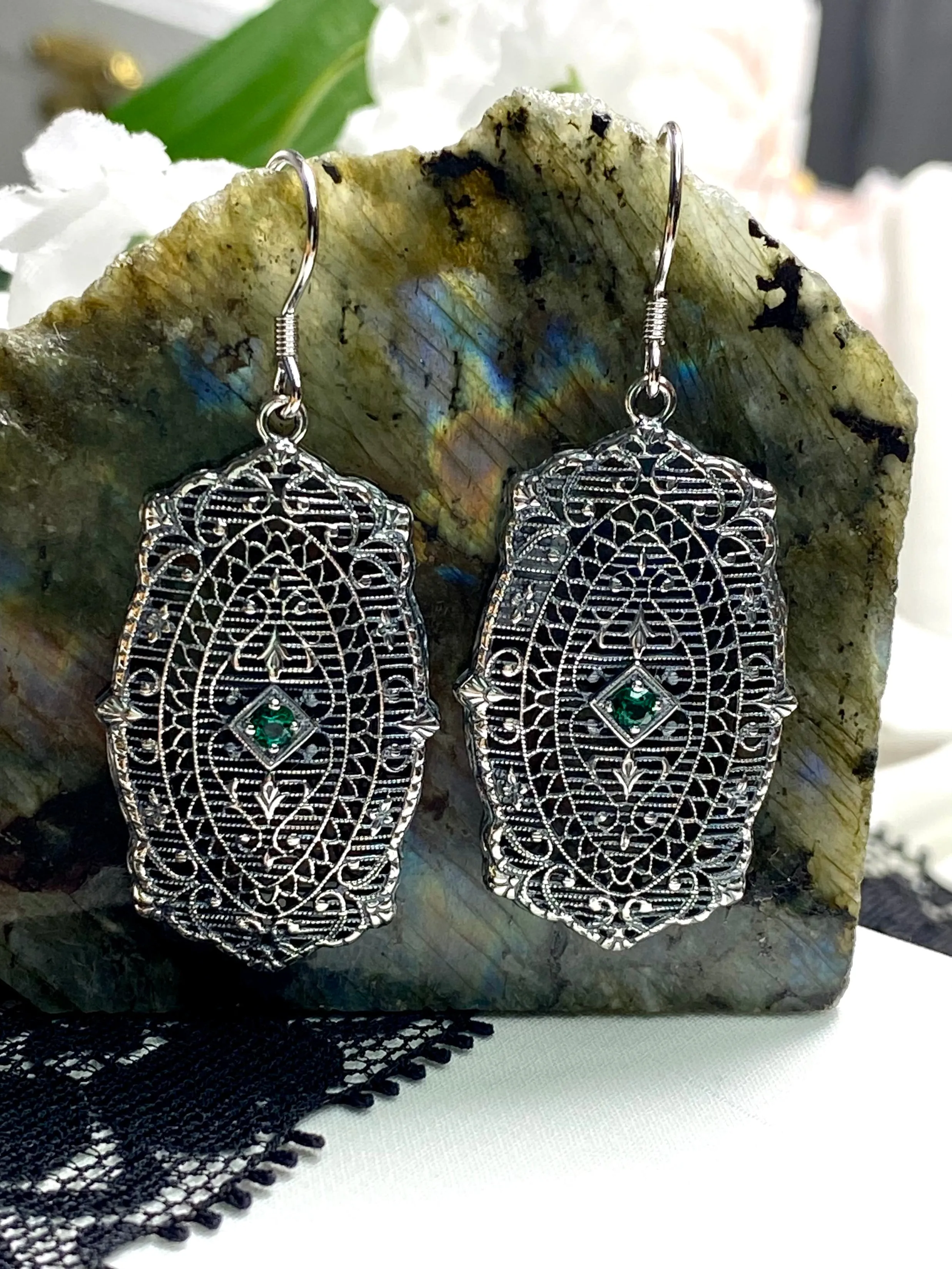Natural Emerald Earrings, Rococo Inspired Vintage Revival Jewelry #E358