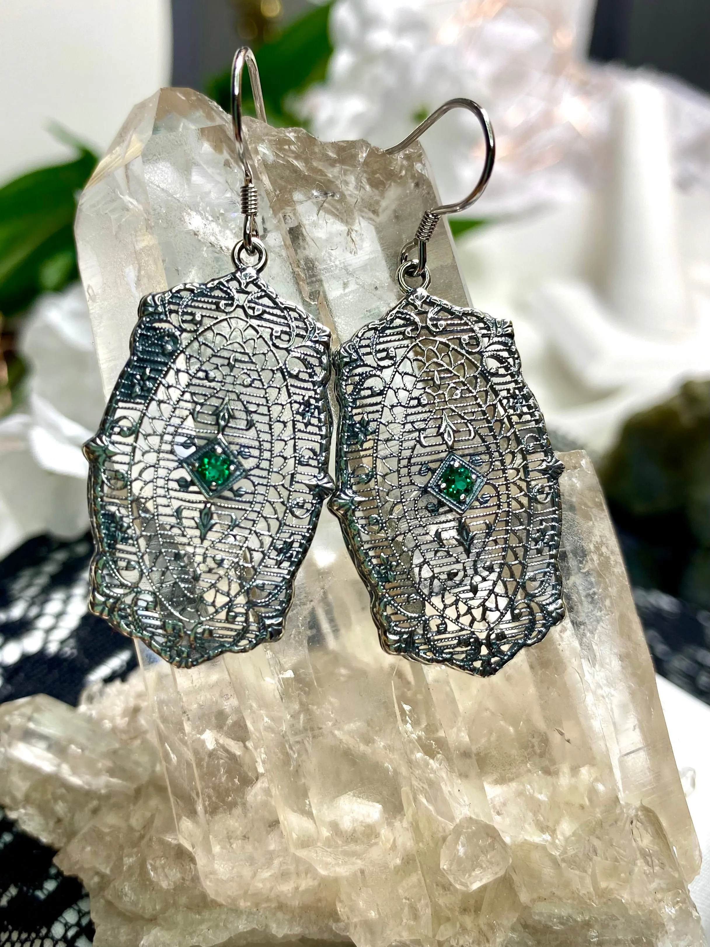 Natural Emerald Earrings, Rococo Inspired Vintage Revival Jewelry #E358