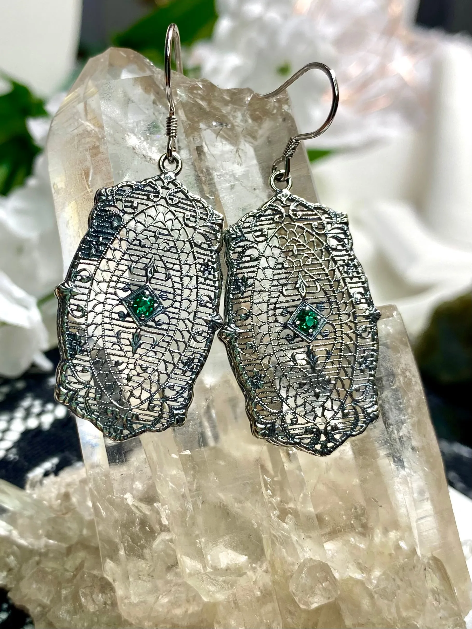 Natural Emerald Earrings, Rococo Inspired Vintage Revival Jewelry #E358