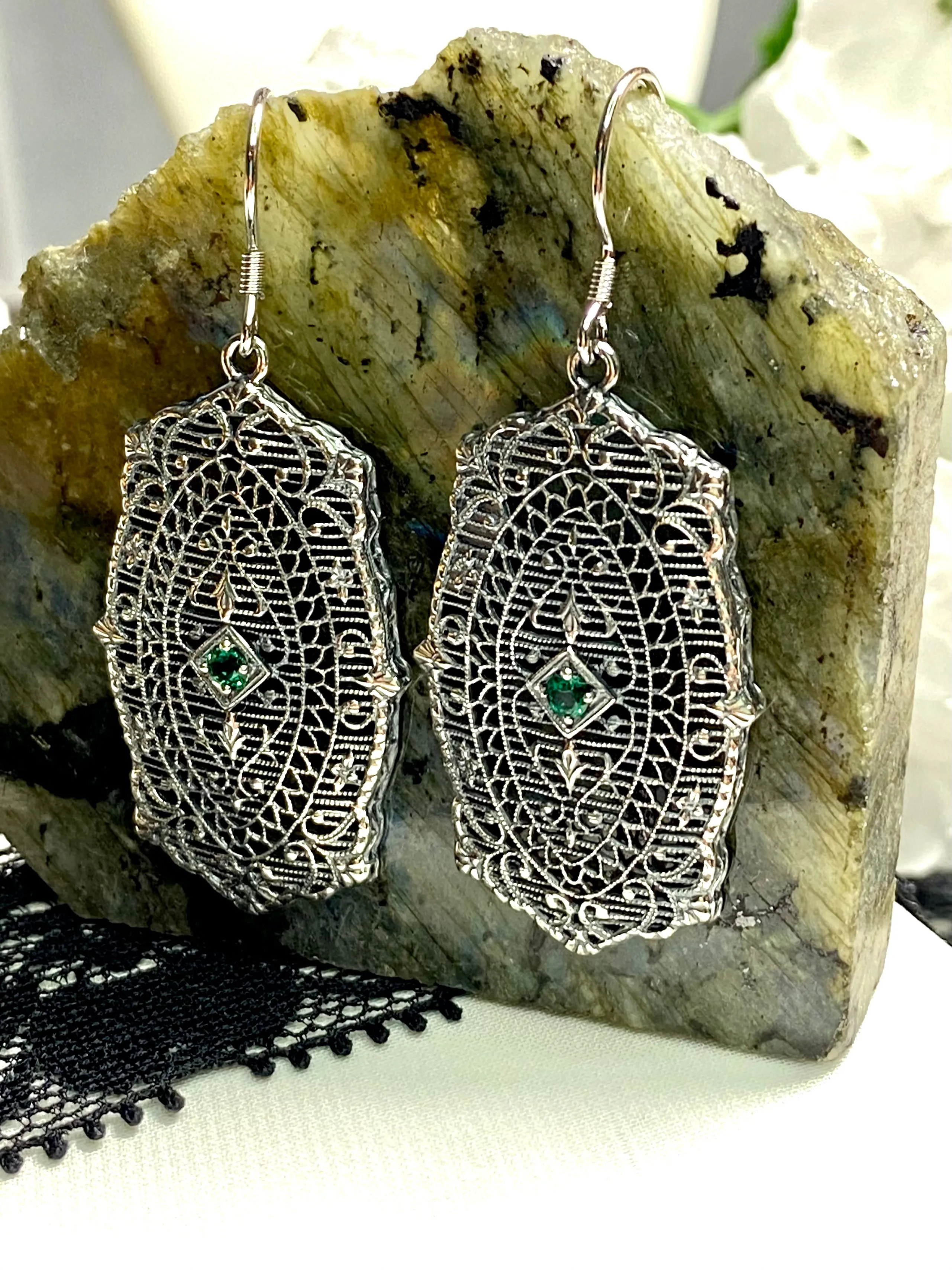 Natural Emerald Earrings, Rococo Inspired Vintage Revival Jewelry #E358