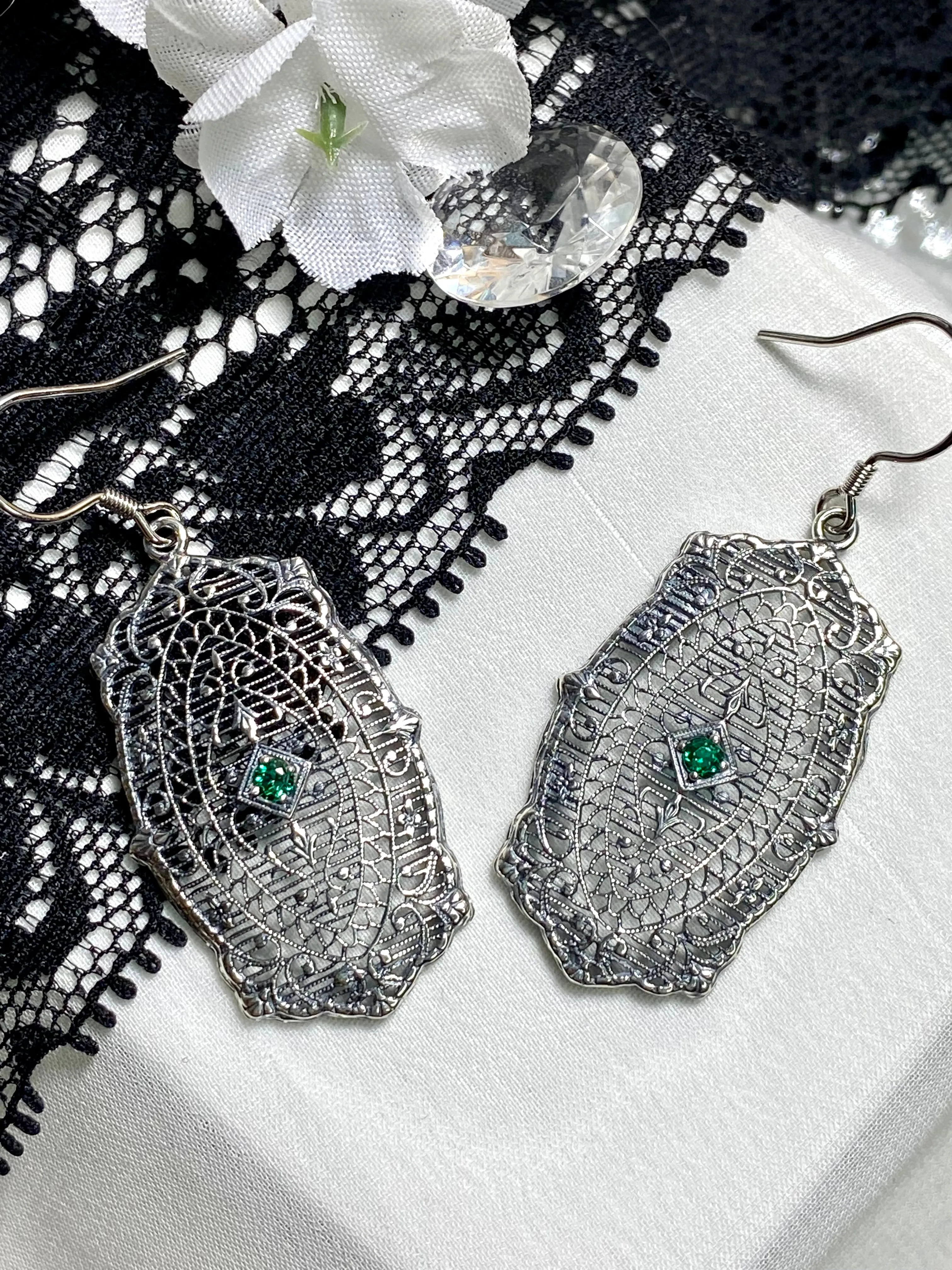Natural Emerald Earrings, Rococo Inspired Vintage Revival Jewelry #E358