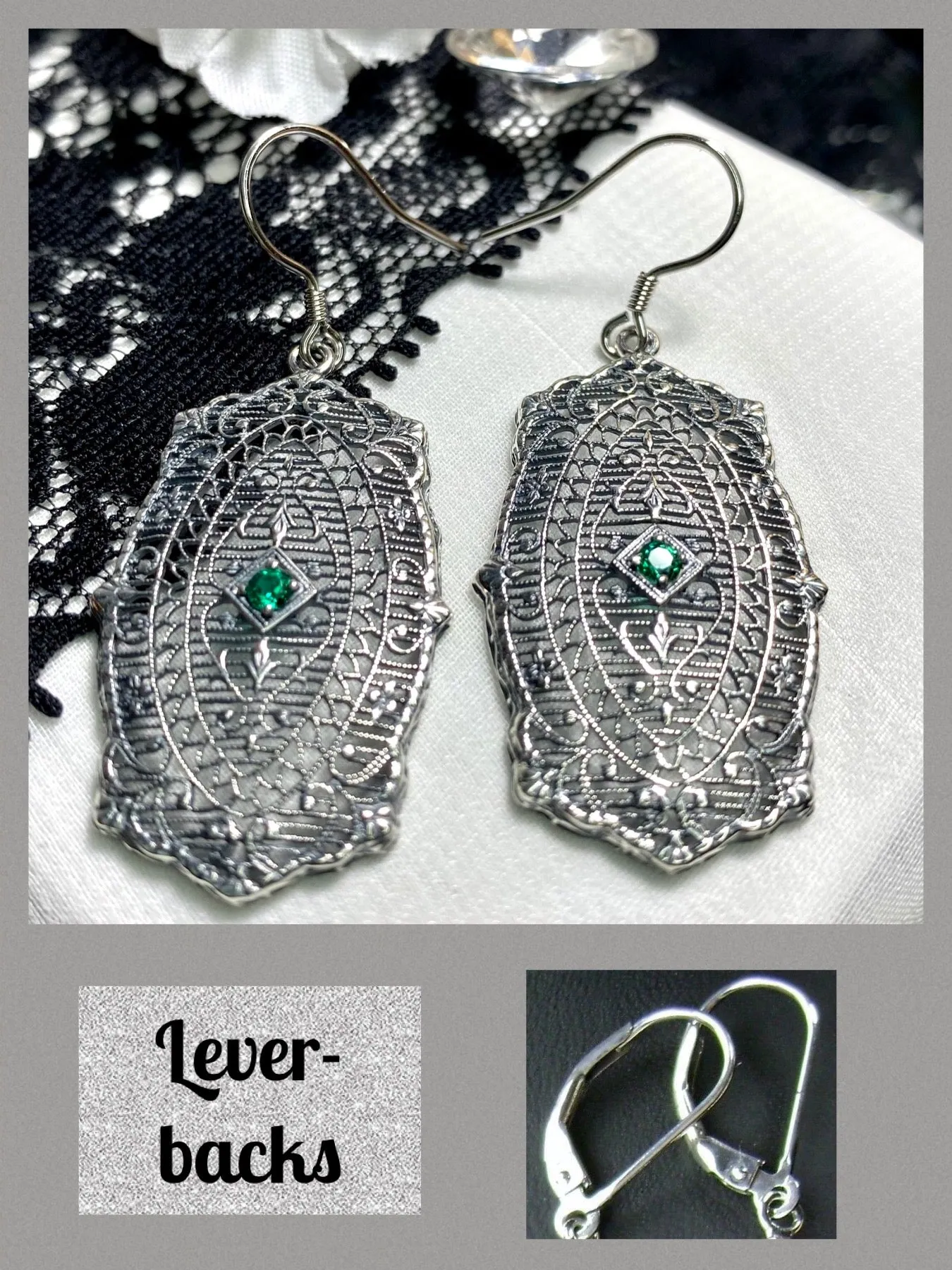 Natural Emerald Earrings, Rococo Inspired Vintage Revival Jewelry #E358