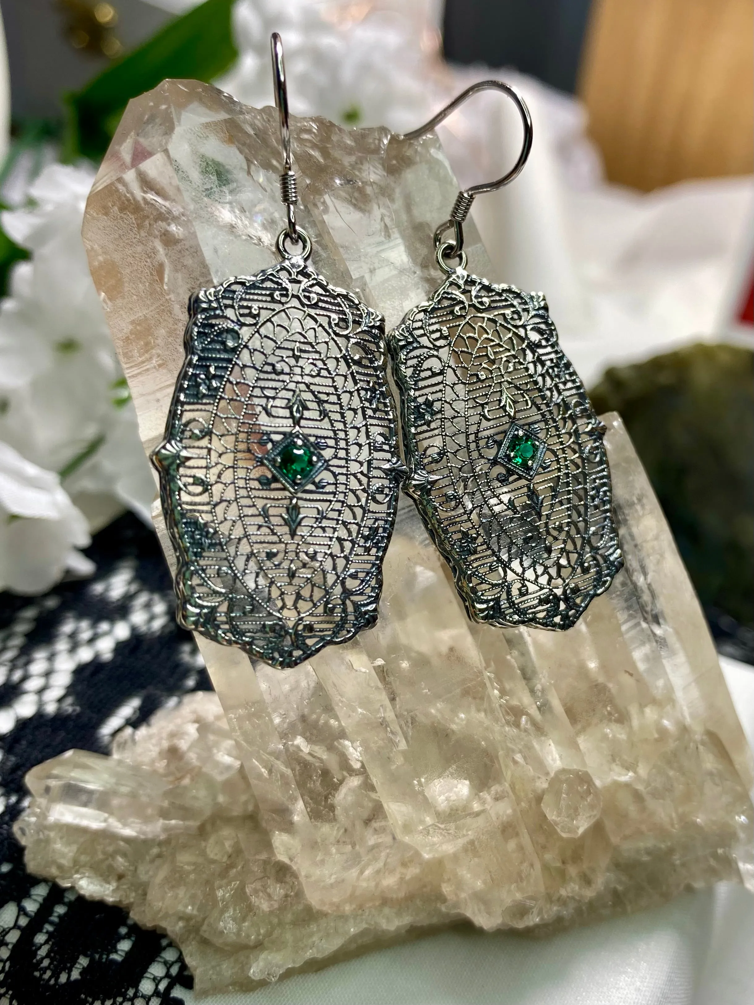 Natural Emerald Earrings, Rococo Inspired Vintage Revival Jewelry #E358
