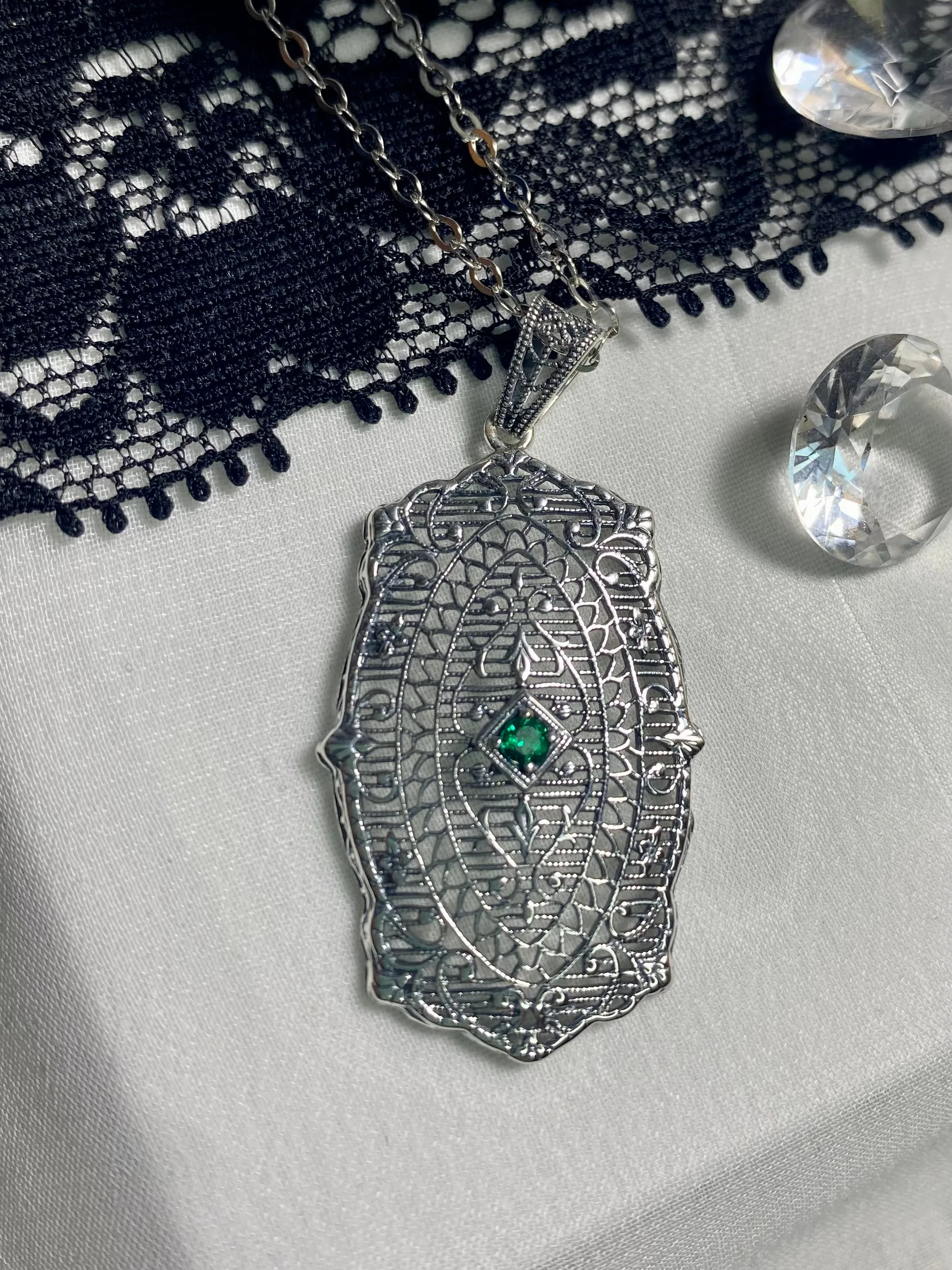 Natural Emerald Pendant, Rococo Inspired Vintage Revival Jewelry #P358
