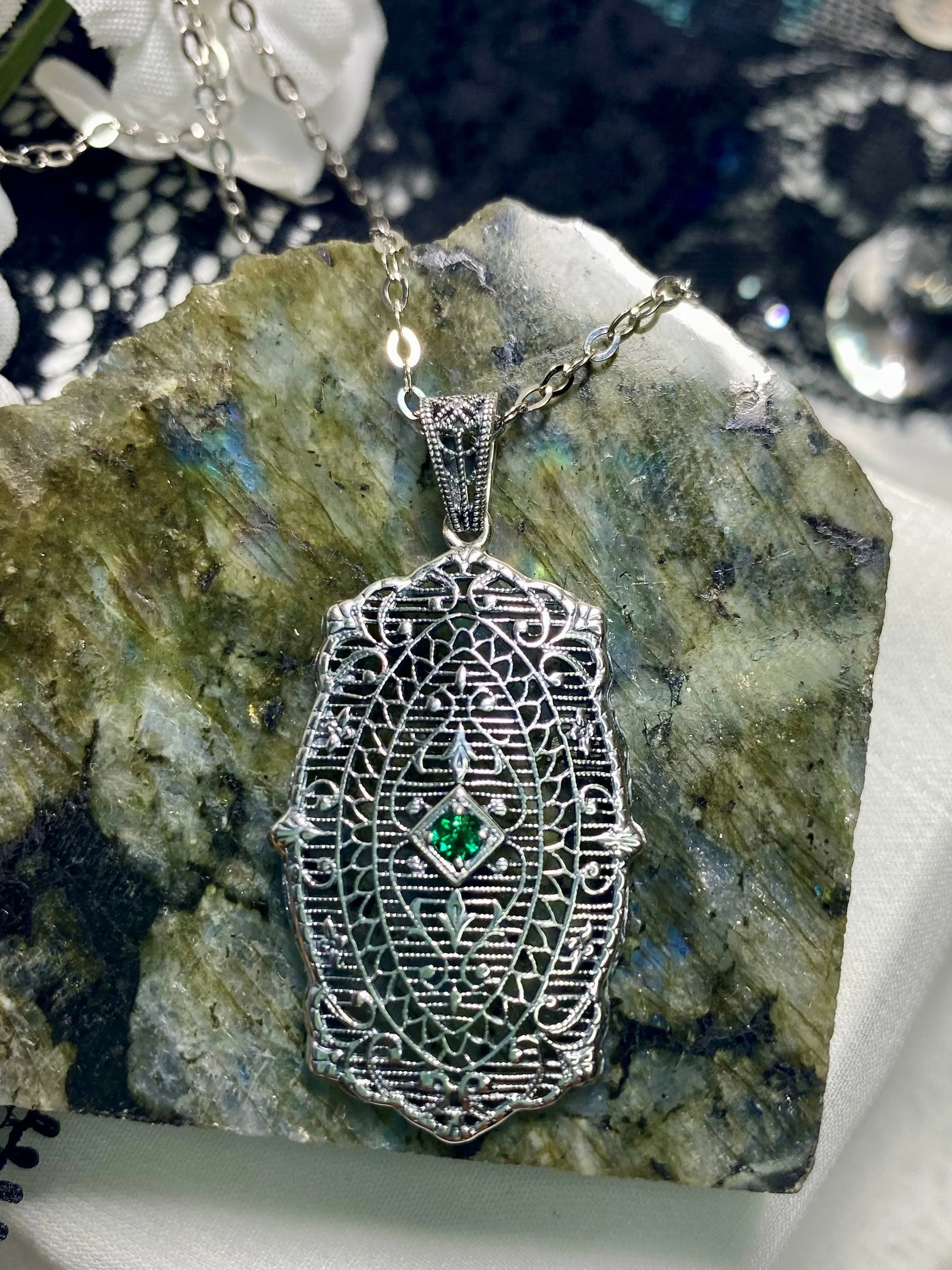 Natural Emerald Pendant, Rococo Inspired Vintage Revival Jewelry #P358