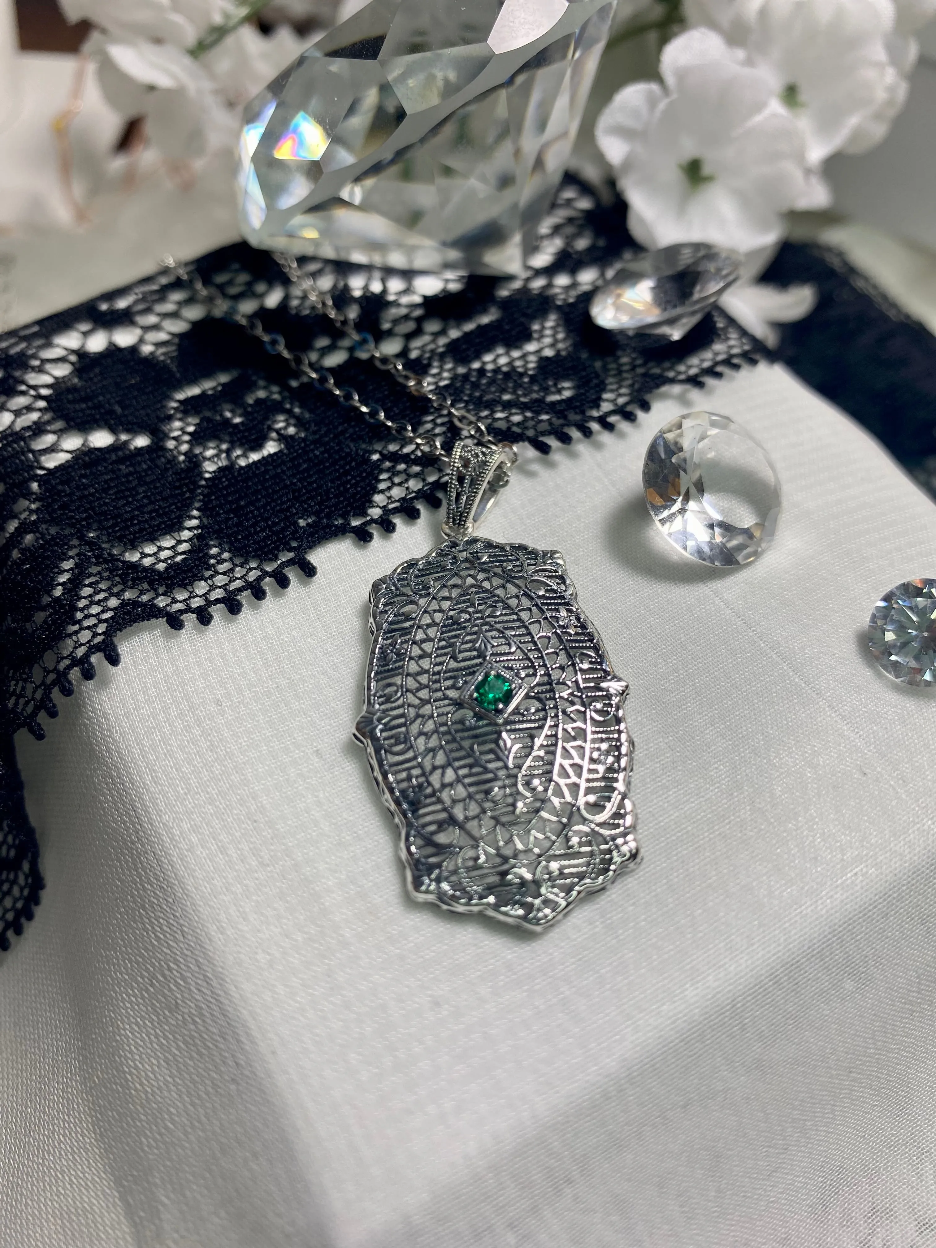 Natural Emerald Pendant, Rococo Inspired Vintage Revival Jewelry #P358