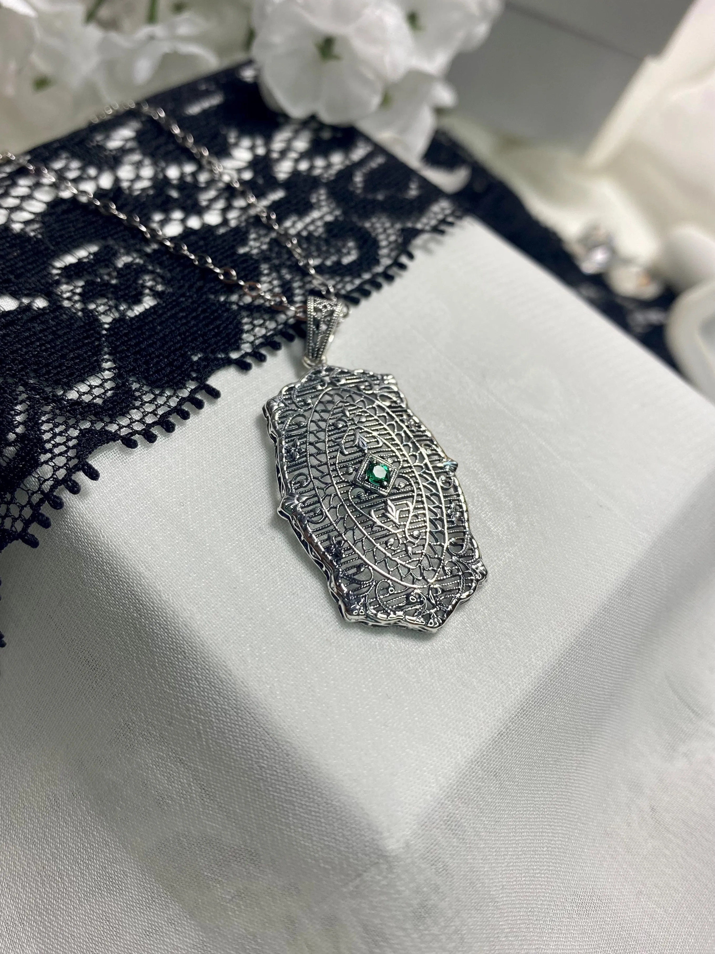 Natural Emerald Pendant, Rococo Inspired Vintage Revival Jewelry #P358