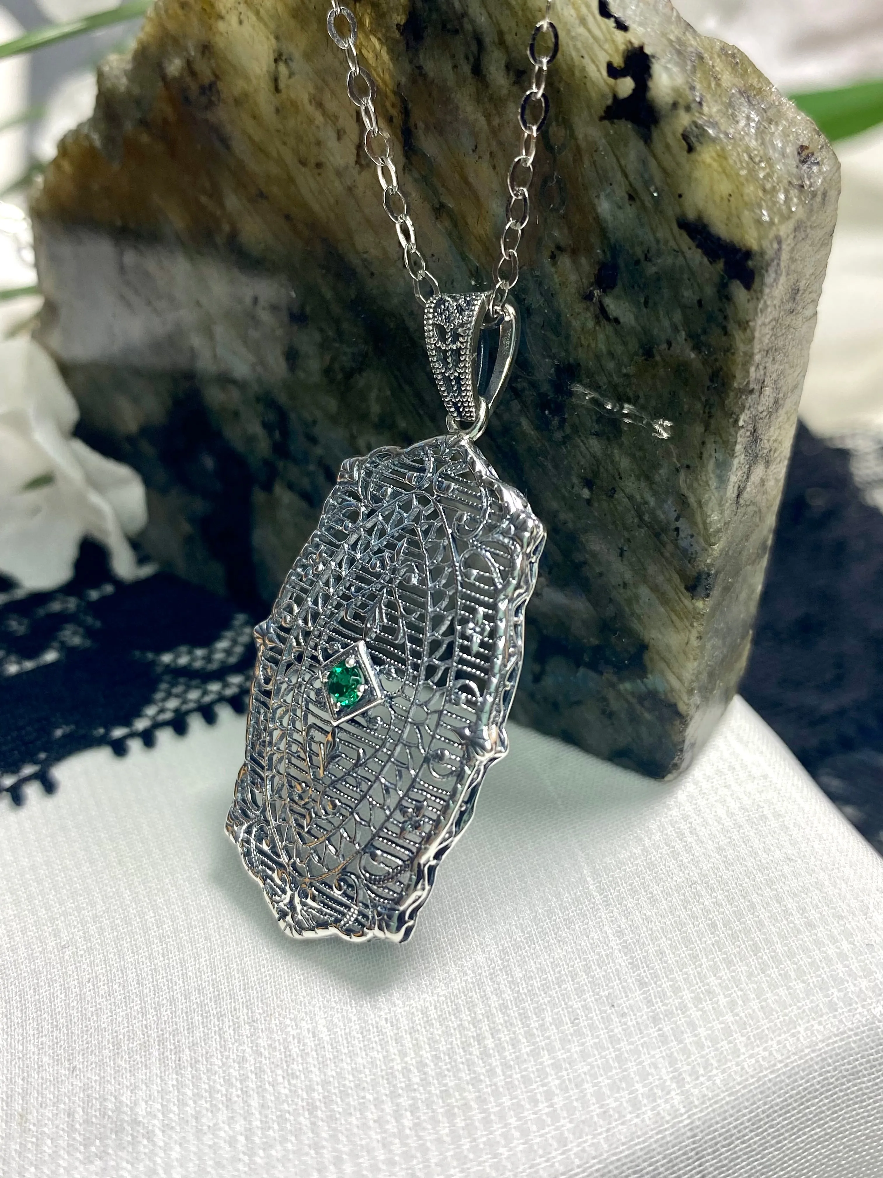 Natural Emerald Pendant, Rococo Inspired Vintage Revival Jewelry #P358