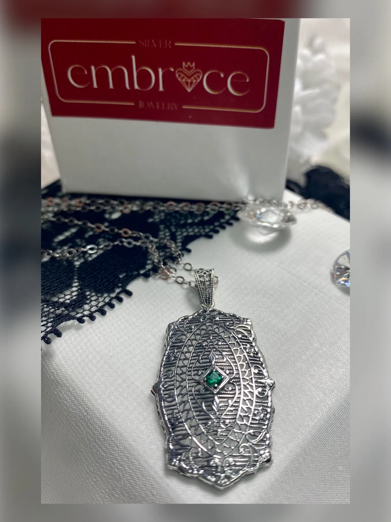 Natural Emerald Pendant, Rococo Inspired Vintage Revival Jewelry #P358