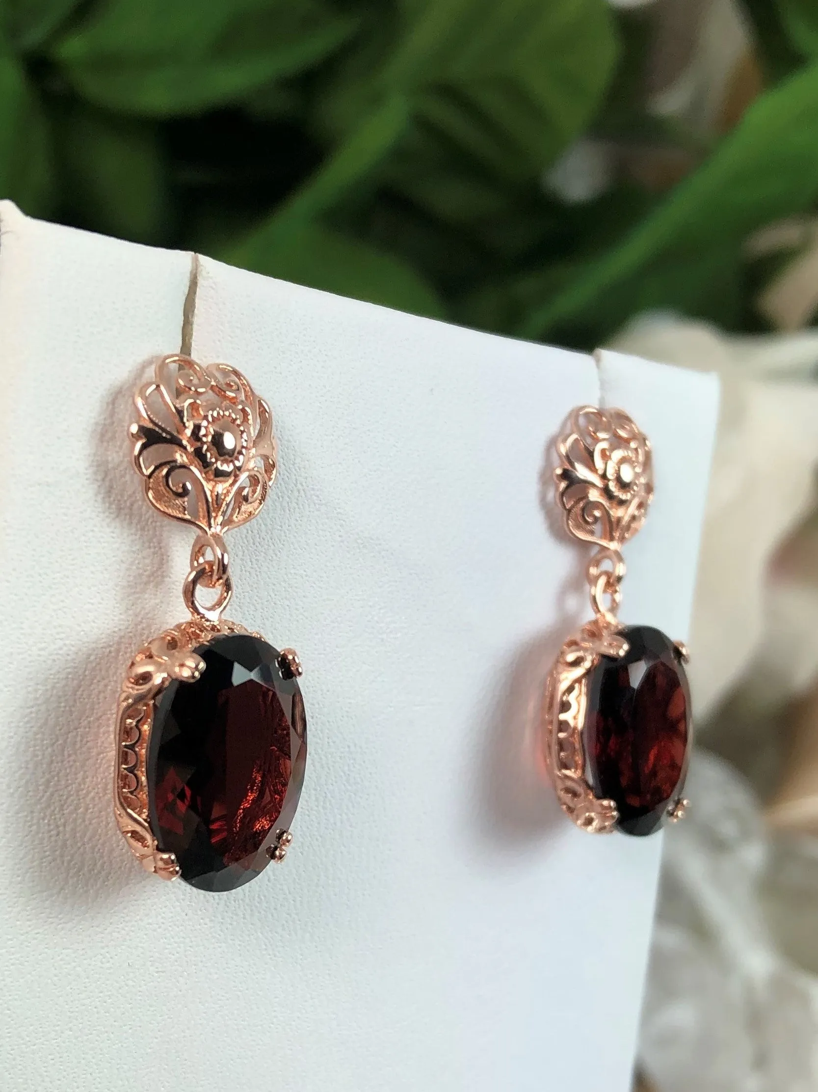 Natural Garnet Earrings, Rose Gold plated, Vintage Edwardian Jewelry #E70