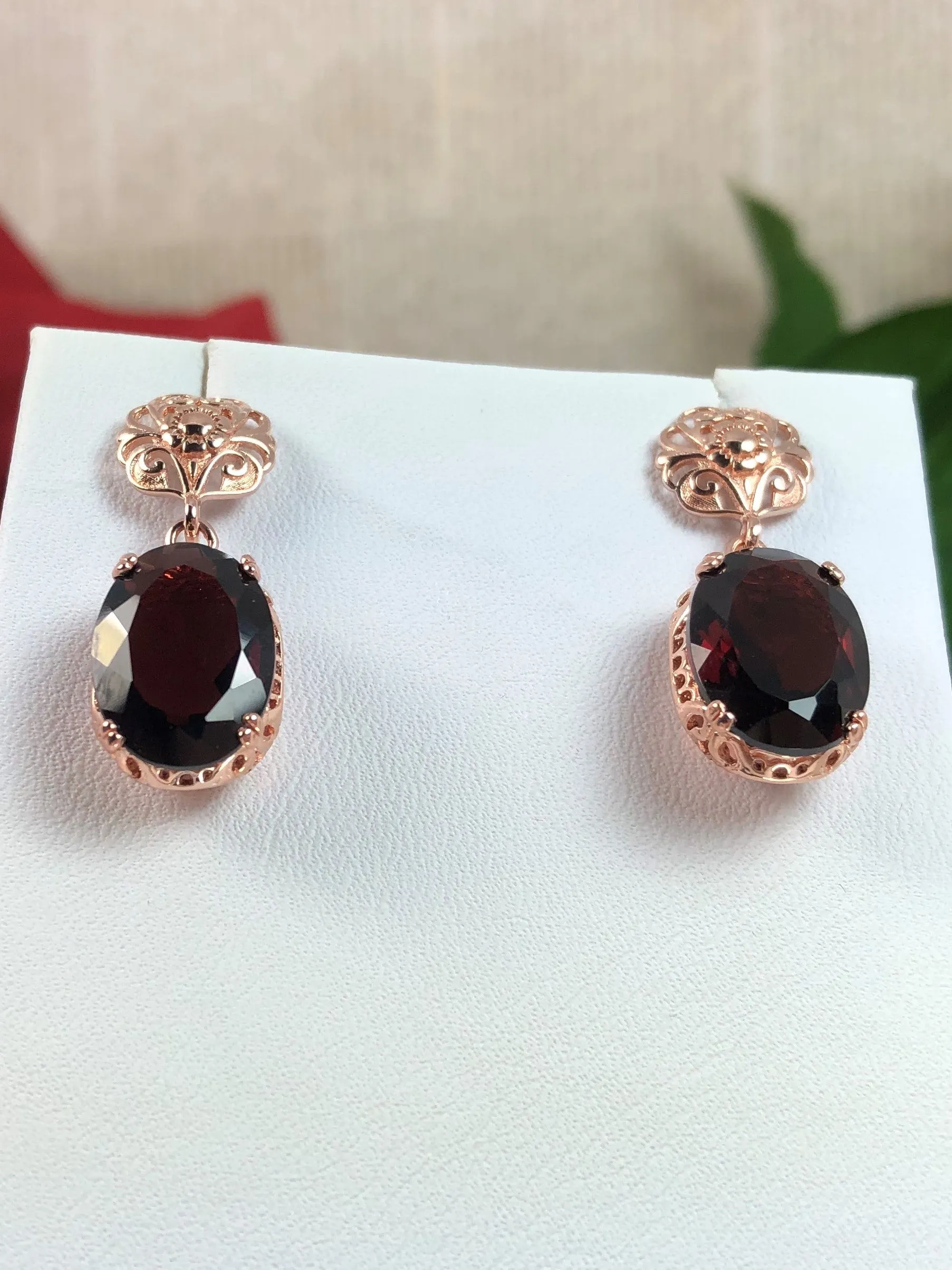 Natural Garnet Earrings, Rose Gold plated, Vintage Edwardian Jewelry #E70