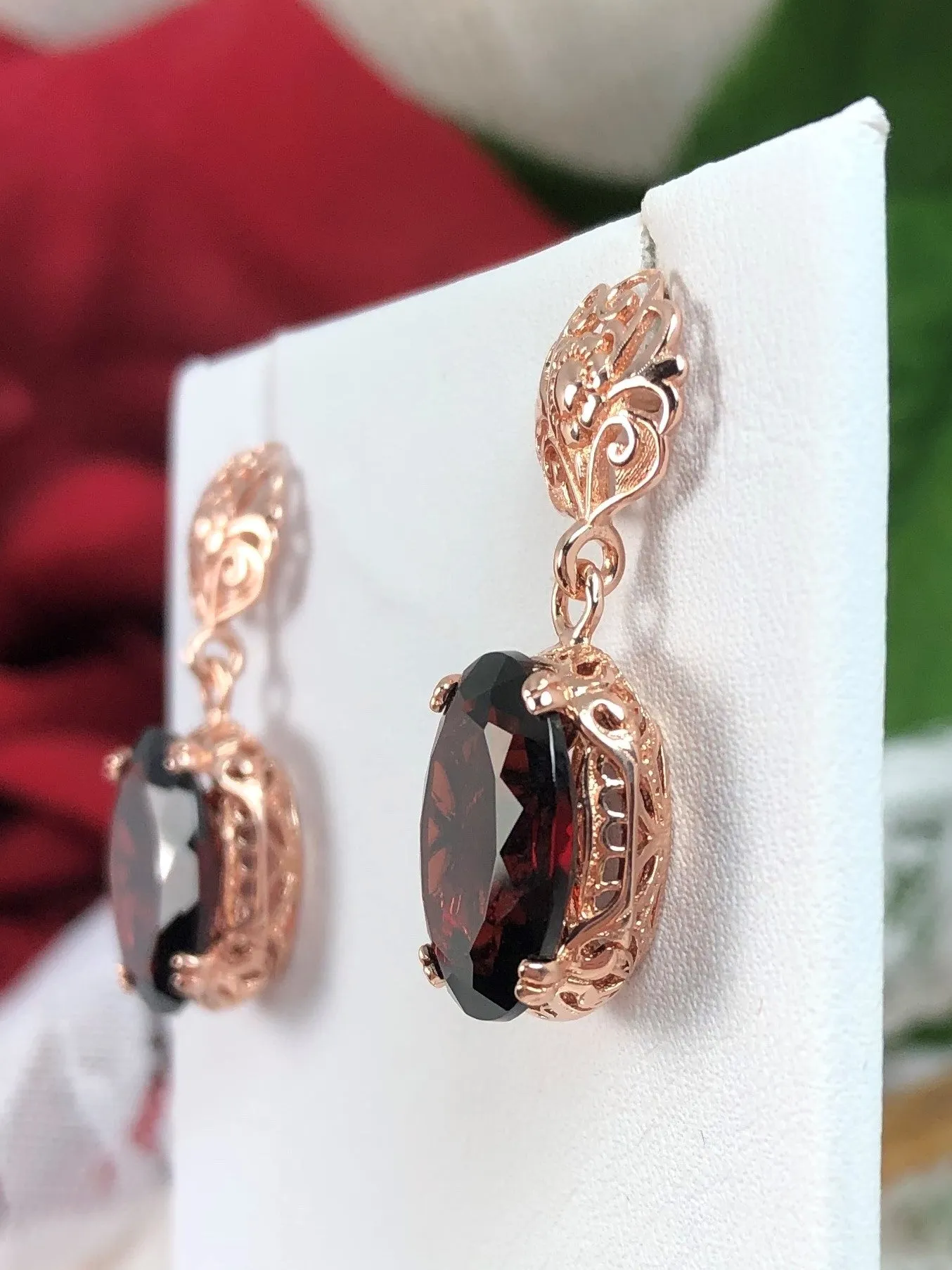 Natural Garnet Earrings, Rose Gold plated, Vintage Edwardian Jewelry #E70