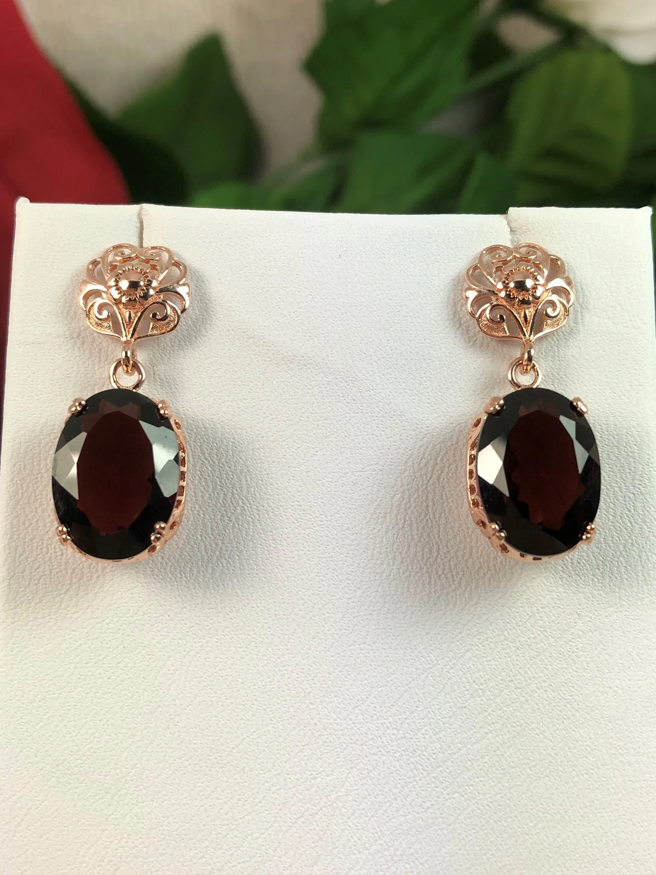 Natural Garnet Earrings, Rose Gold plated, Vintage Edwardian Jewelry #E70