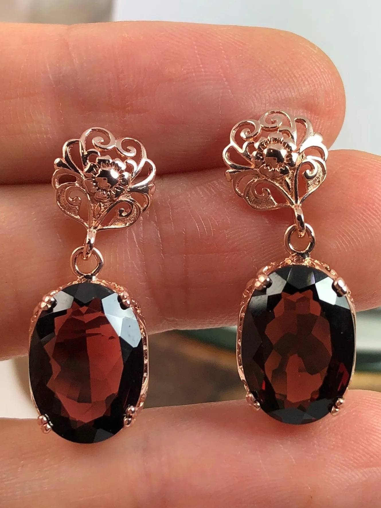 Natural Garnet Earrings, Rose Gold plated, Vintage Edwardian Jewelry #E70