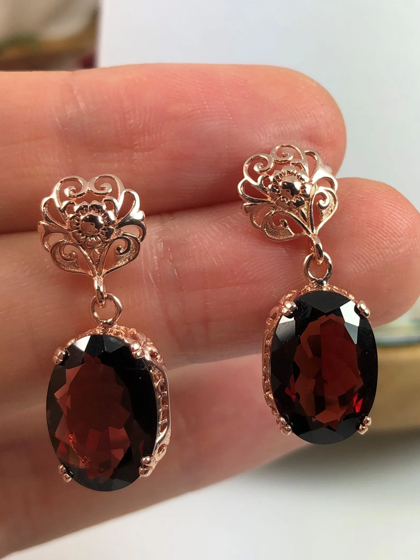 Natural Garnet Earrings, Rose Gold plated, Vintage Edwardian Jewelry #E70