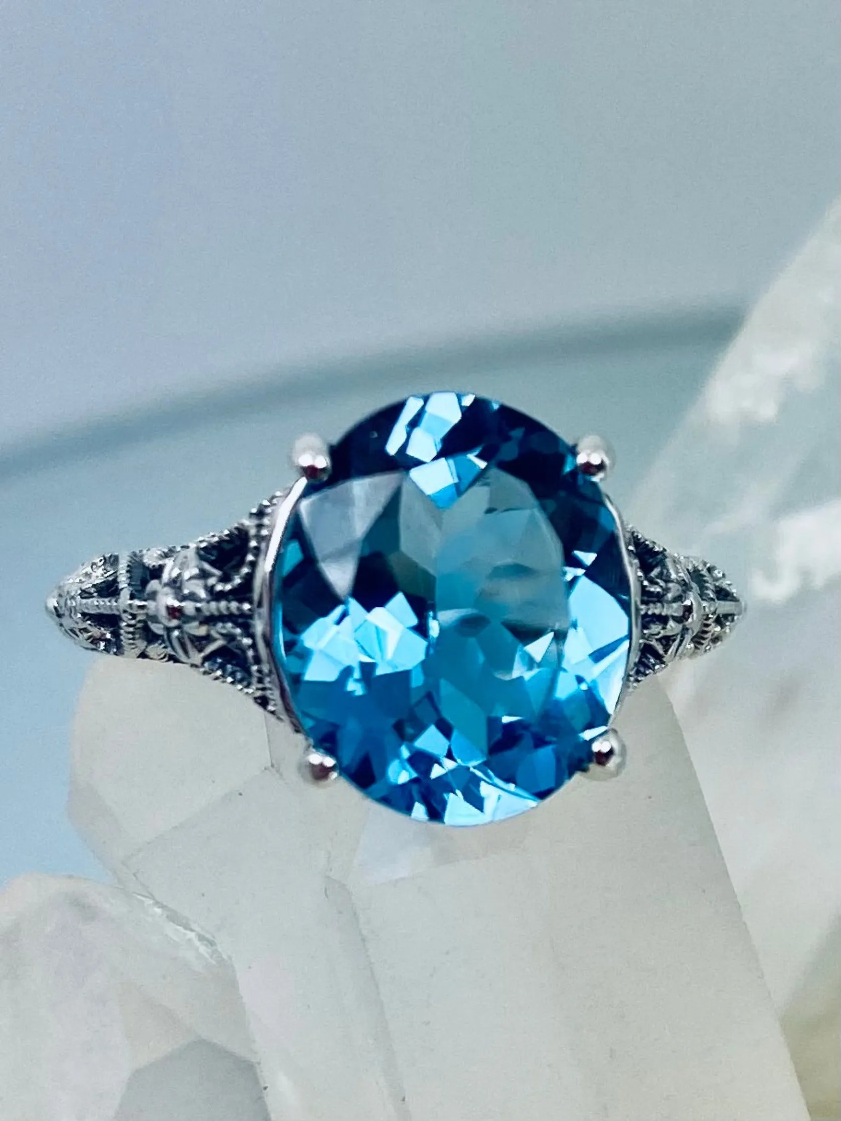 Natural London Blue Topaz Ring, Medieval Floral Filigree, Oval Gem, Vintage Jewelry, D173